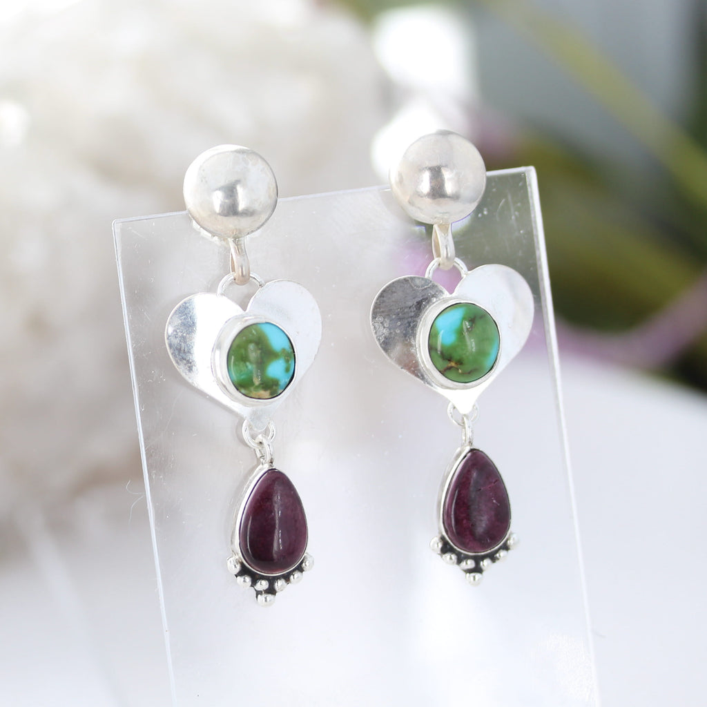 Sonoran Turquoise and Purple Spiny Oyster Earrings Sterling Hearts
