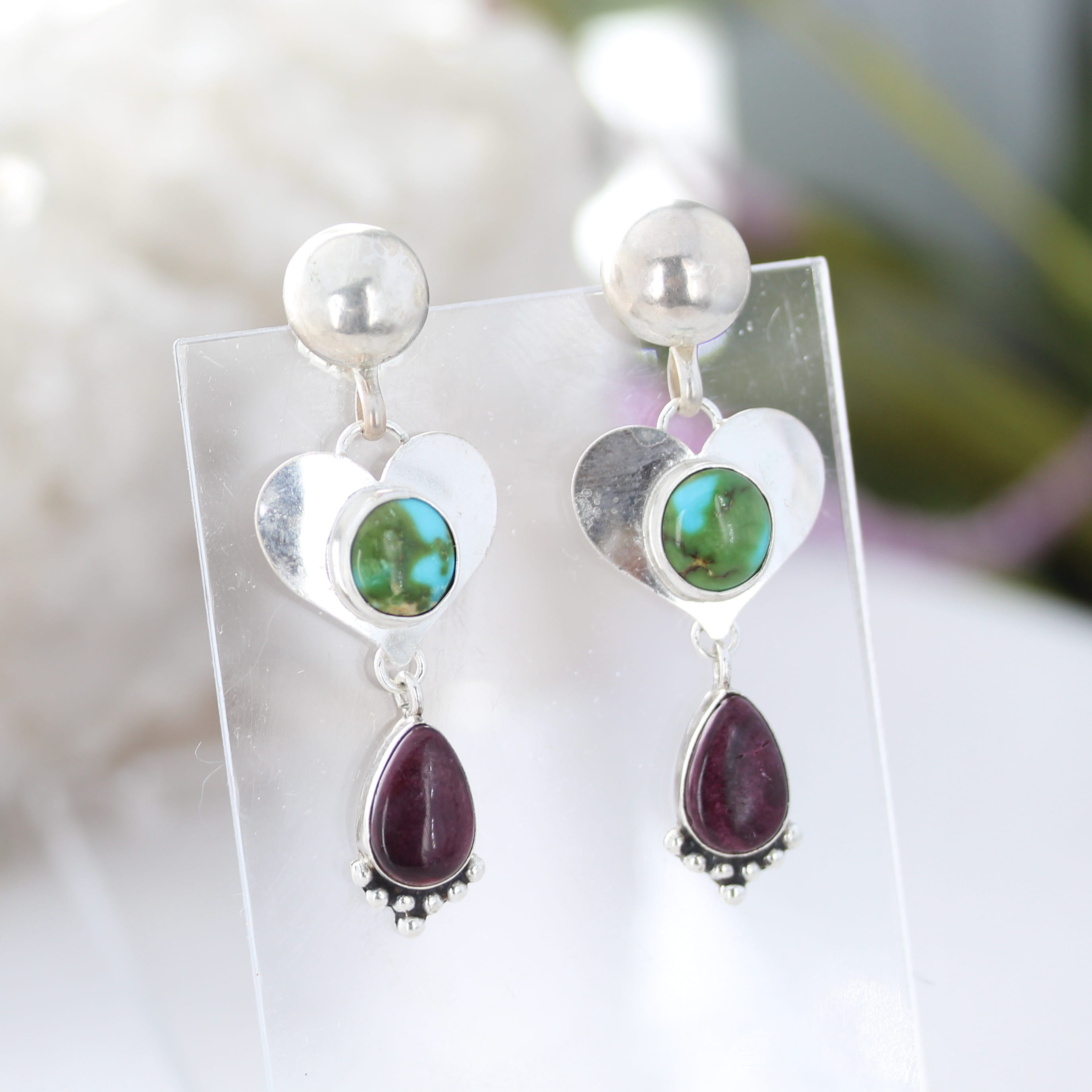 Sonoran Turquoise and Purple Spiny Oyster Earrings Sterling Hearts