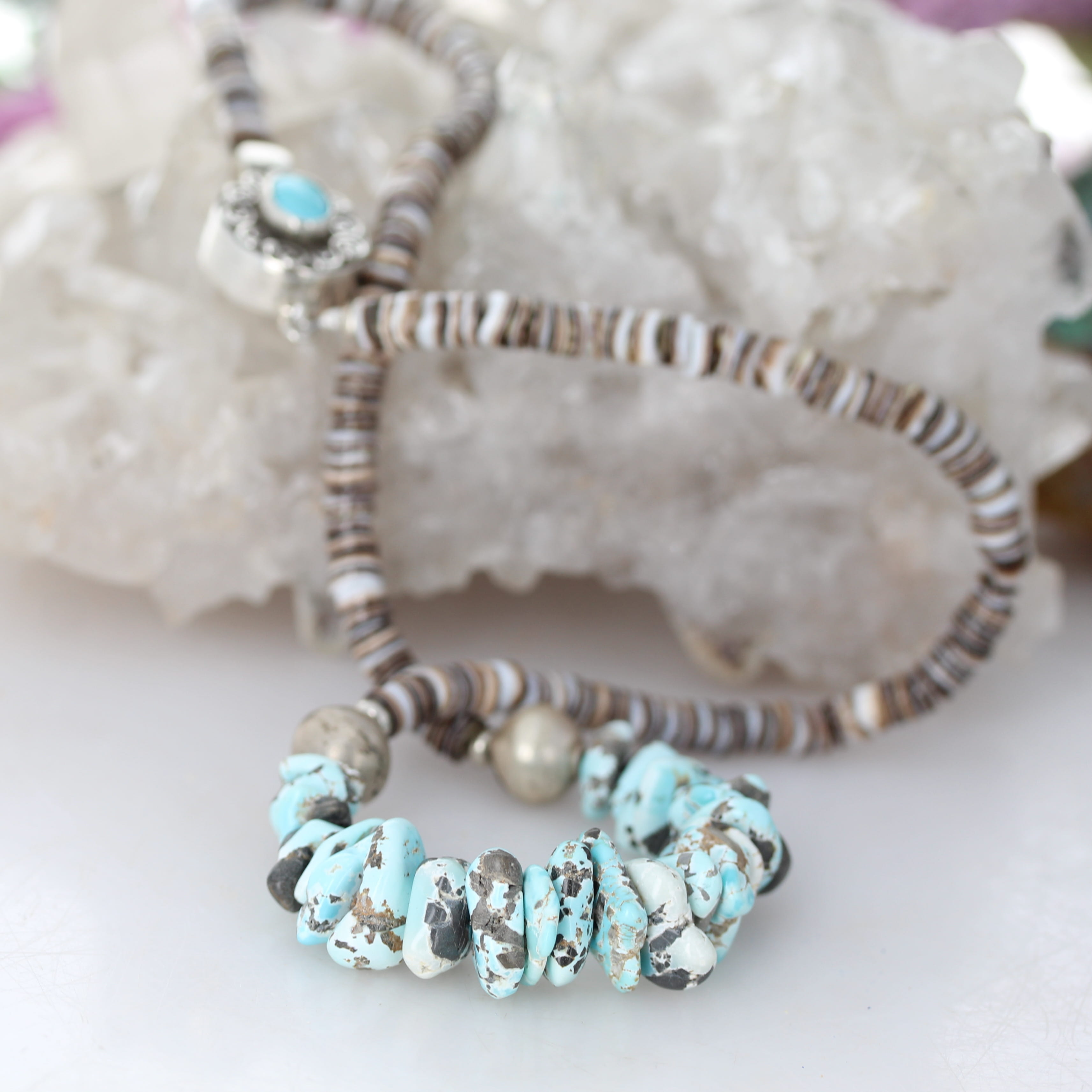 Lone Mountain Turquoise Necklace with Shell Heshi Sterling
