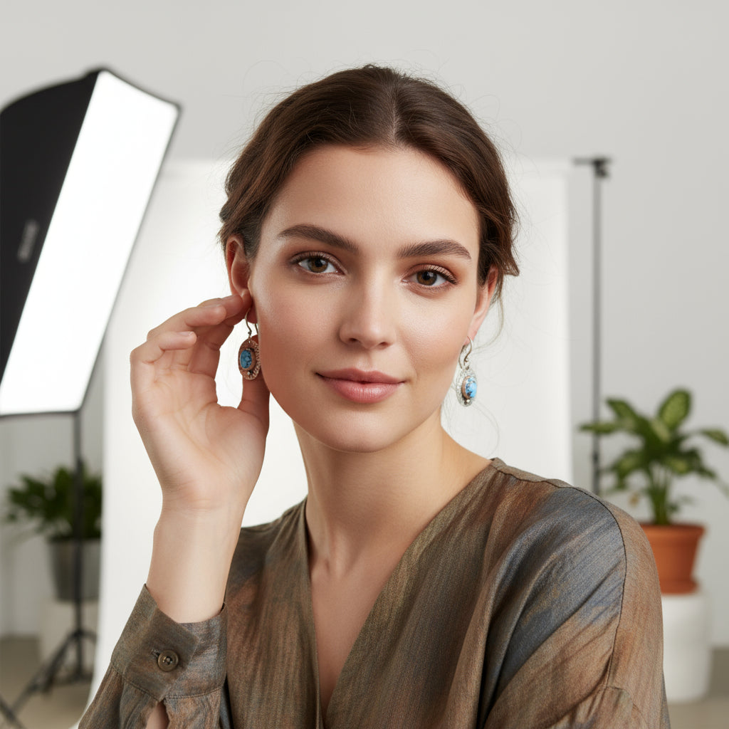 Ethereal Blue Kazakhstan Turquoise Earrings Sterling Patterned Design Ovals