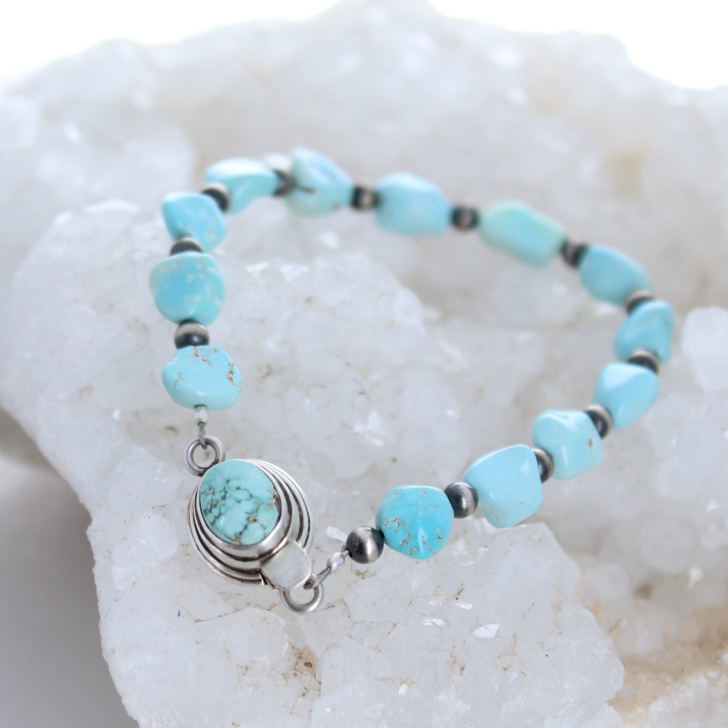 Lone Mountain Turquoise Nugget Beads Bracelet Sterling Silver