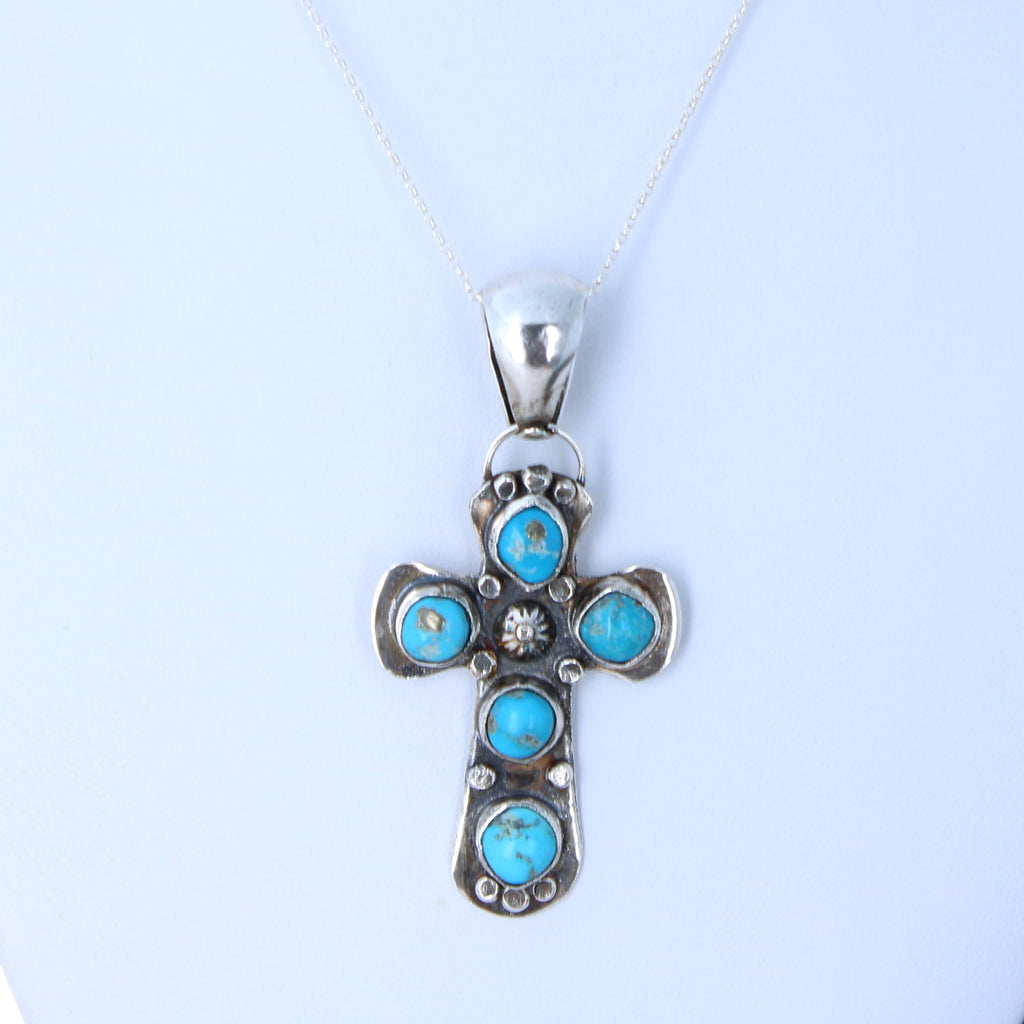 Sleeping Beauty Turquoise Cross Pendant Necklace Sterling Southwestern