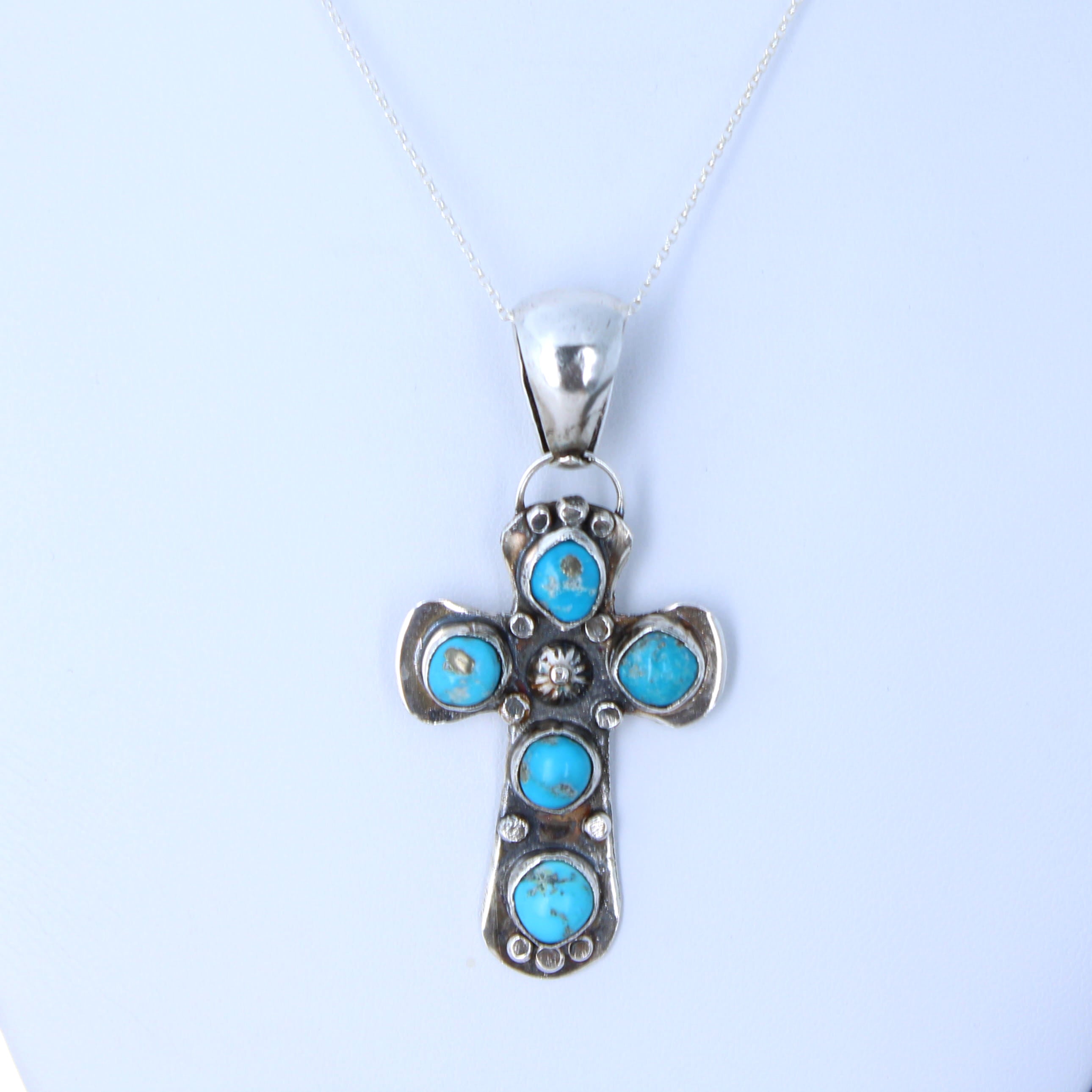 Sleeping Beauty Turquoise Cross Pendant Necklace Sterling Southwestern