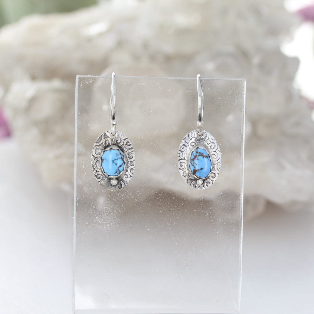 Ethereal Blue Kazakhstan Turquoise Earrings Sterling Patterned Design Ovals