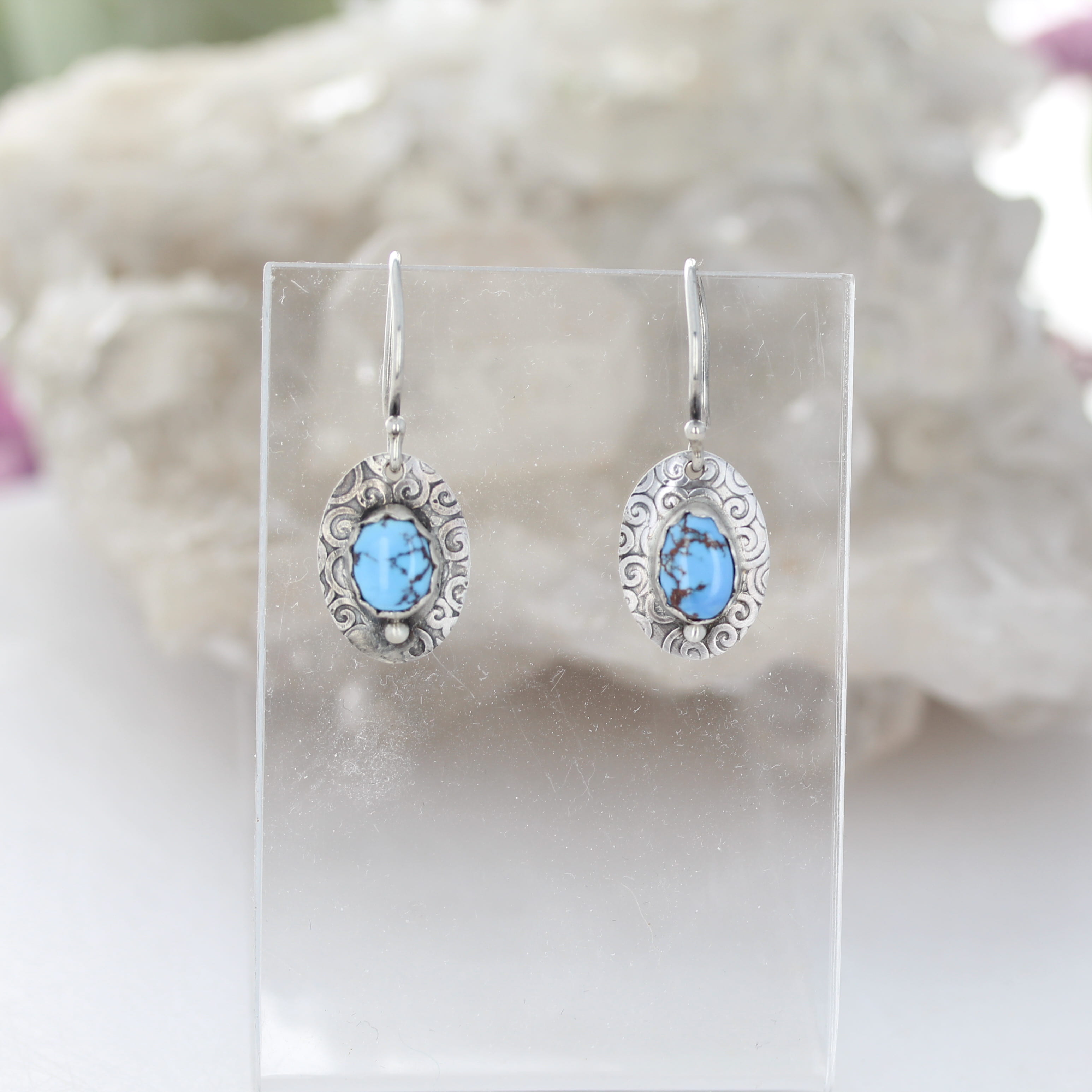 Ethereal Blue Kazakhstan Turquoise Earrings Sterling Patterned Design Ovals