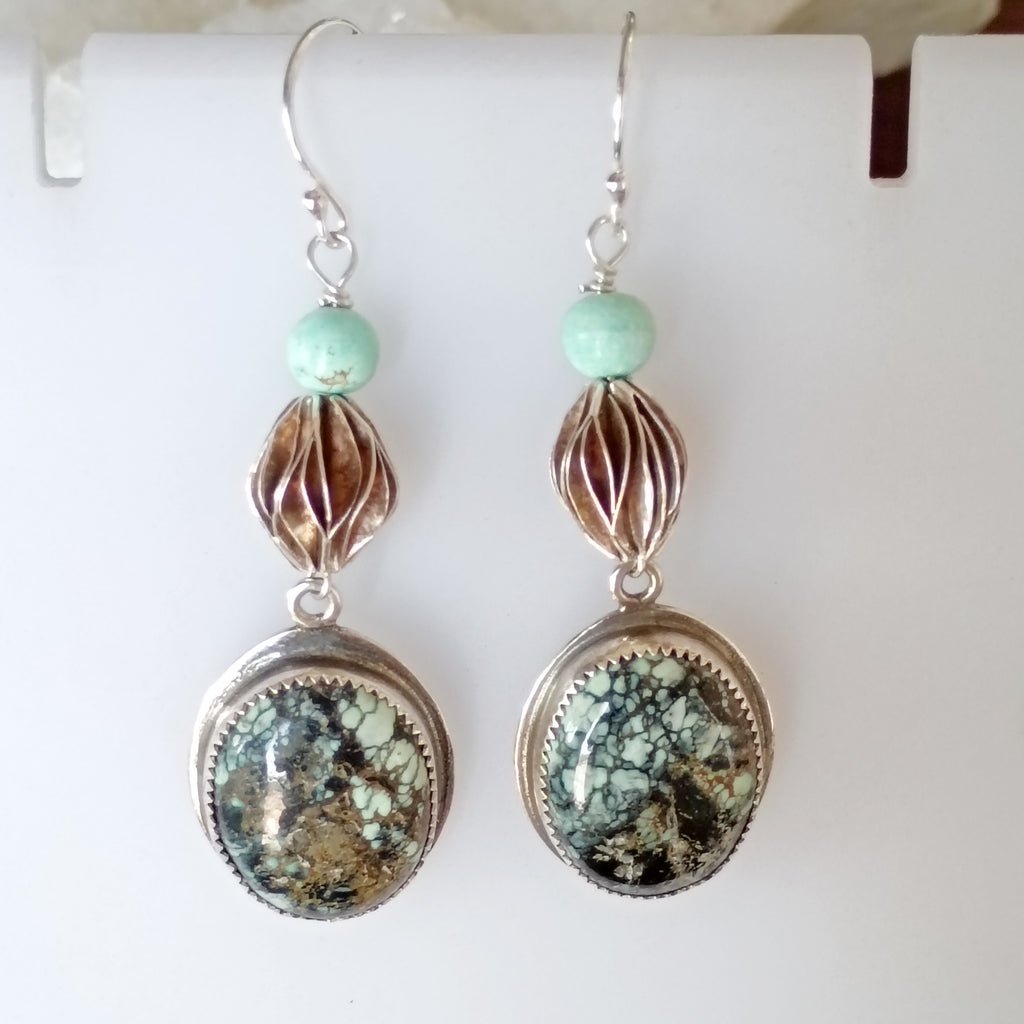 AAA Nevada Black Jack Turquoise Earrings Sterling Dangles Unique