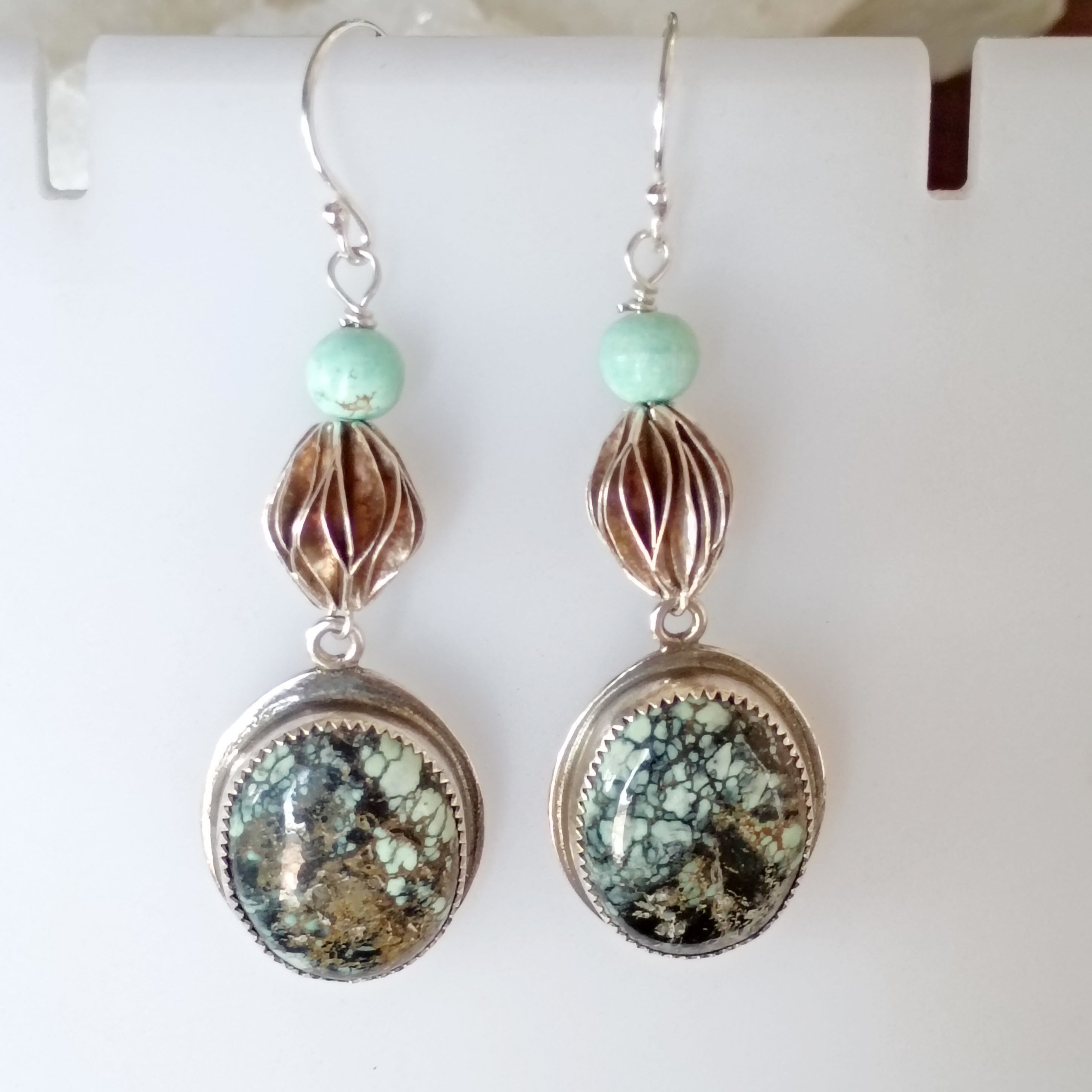 AAA Nevada Black Jack Turquoise Earrings Sterling Dangles Unique