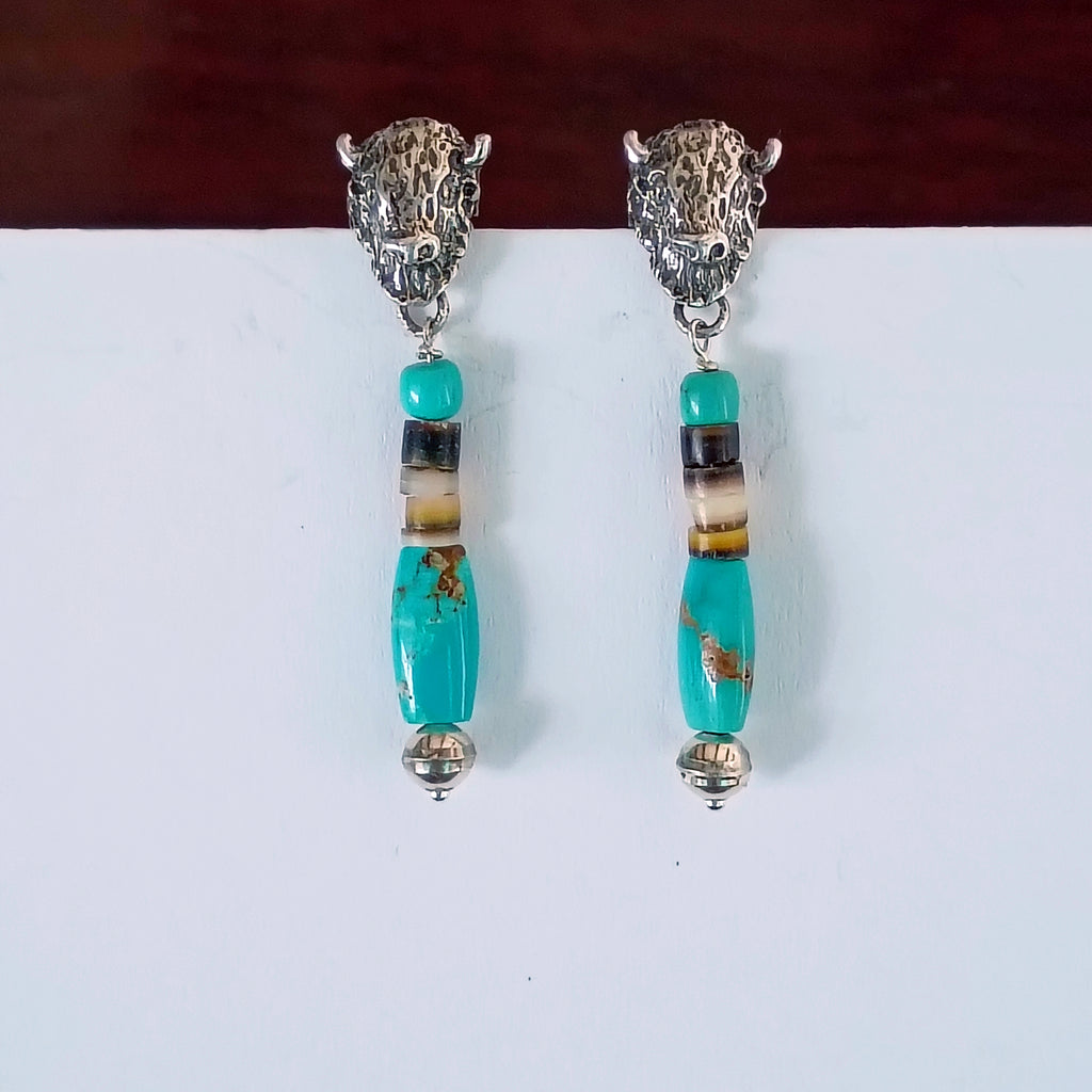 Buffalo Head and Blue Carico Lake Turquoise Earrings Sterling Southwestern