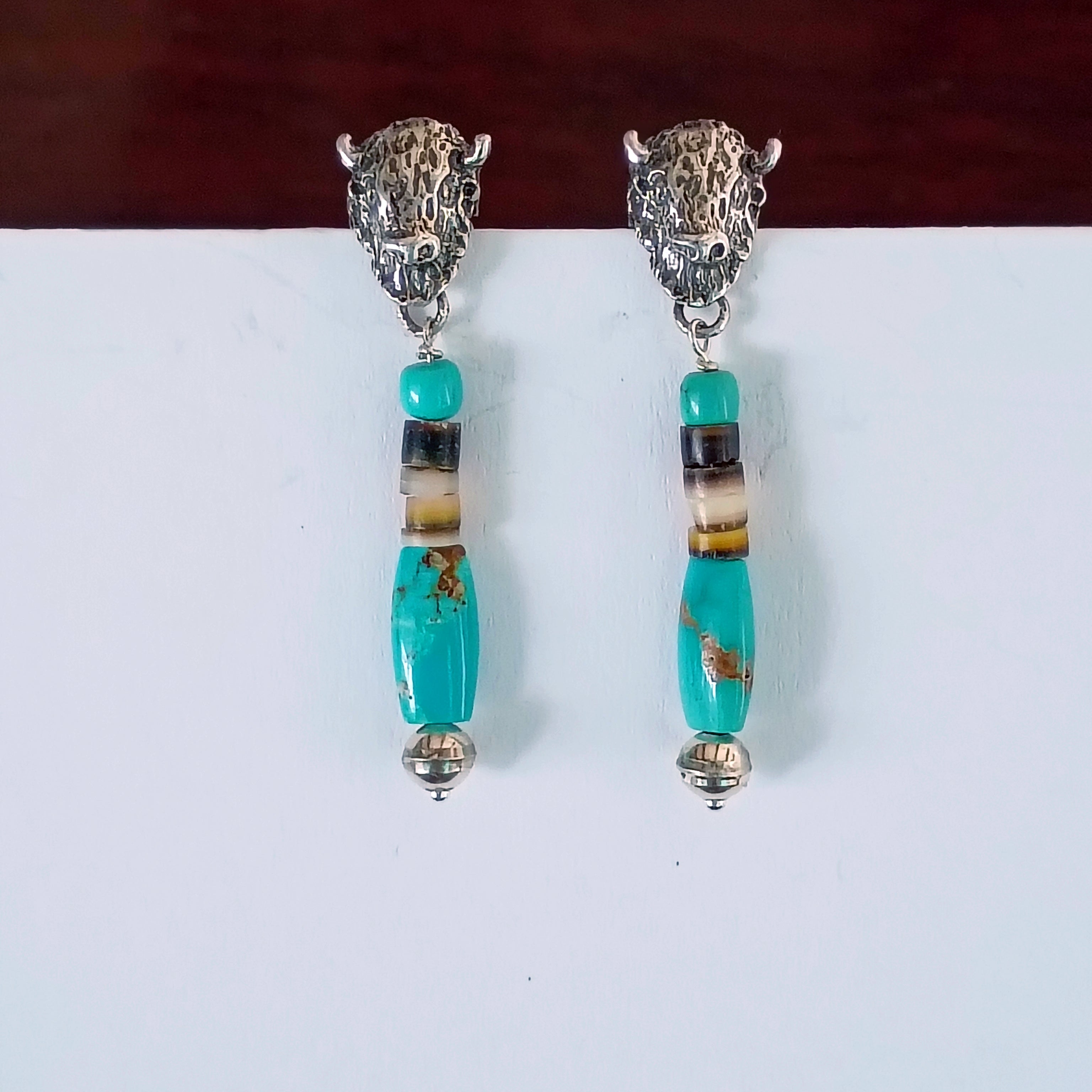 Buffalo Head and Blue Carico Lake Turquoise Earrings Sterling Southwestern