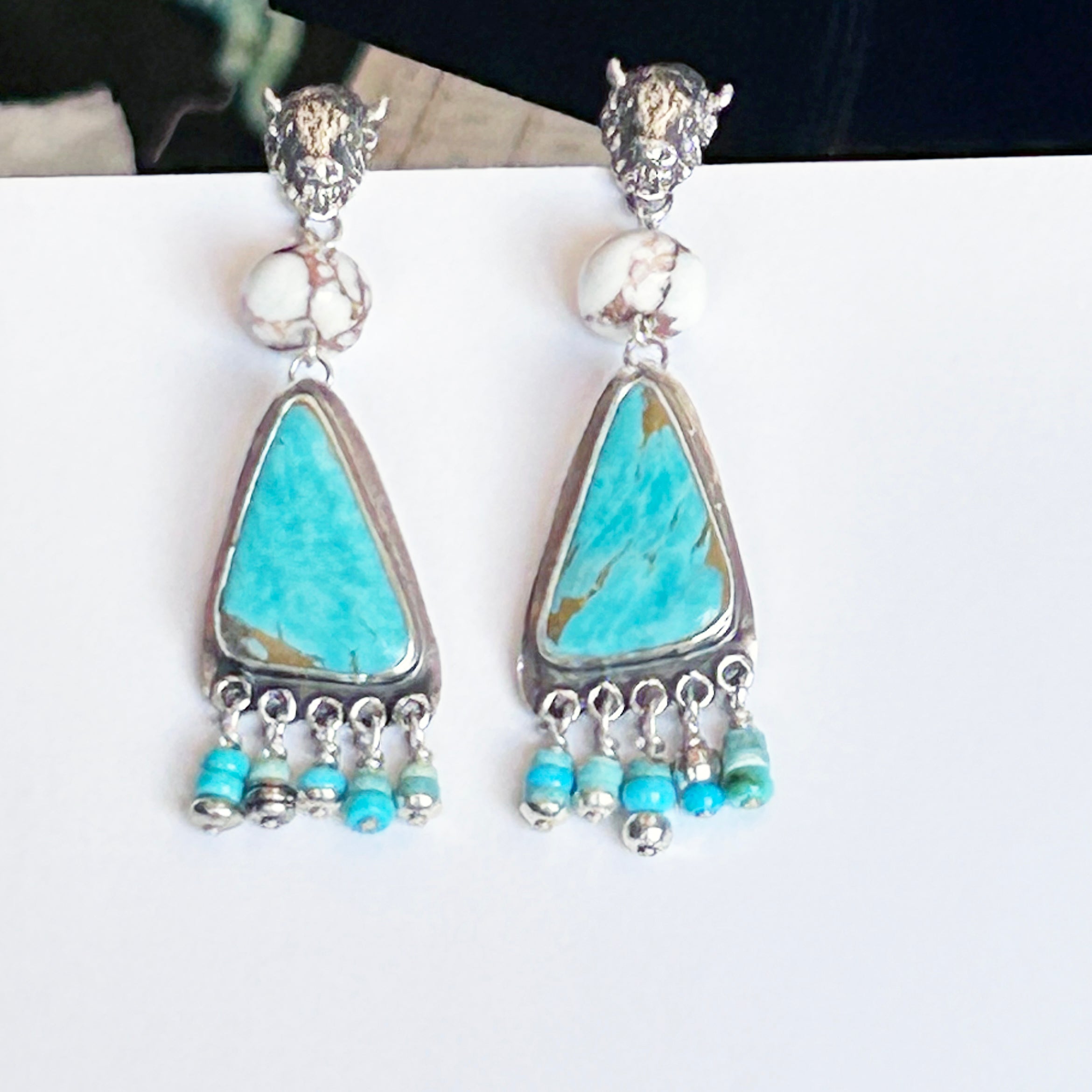 Dancing Buffalo Head Royston Turquoise Earrings Southwest Sterling 2.6"