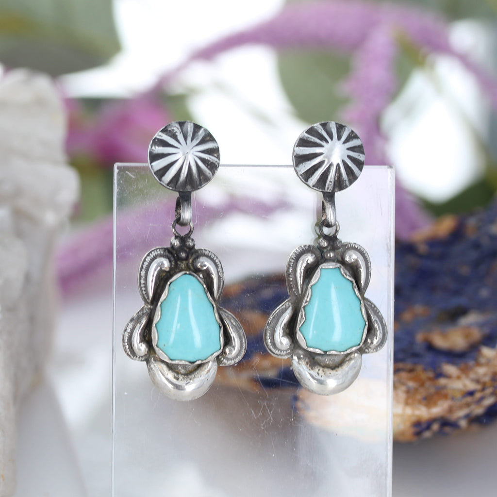 Sky Blue Turquoise Many Moons Earrings Sterling Silver Southwestern Elegance