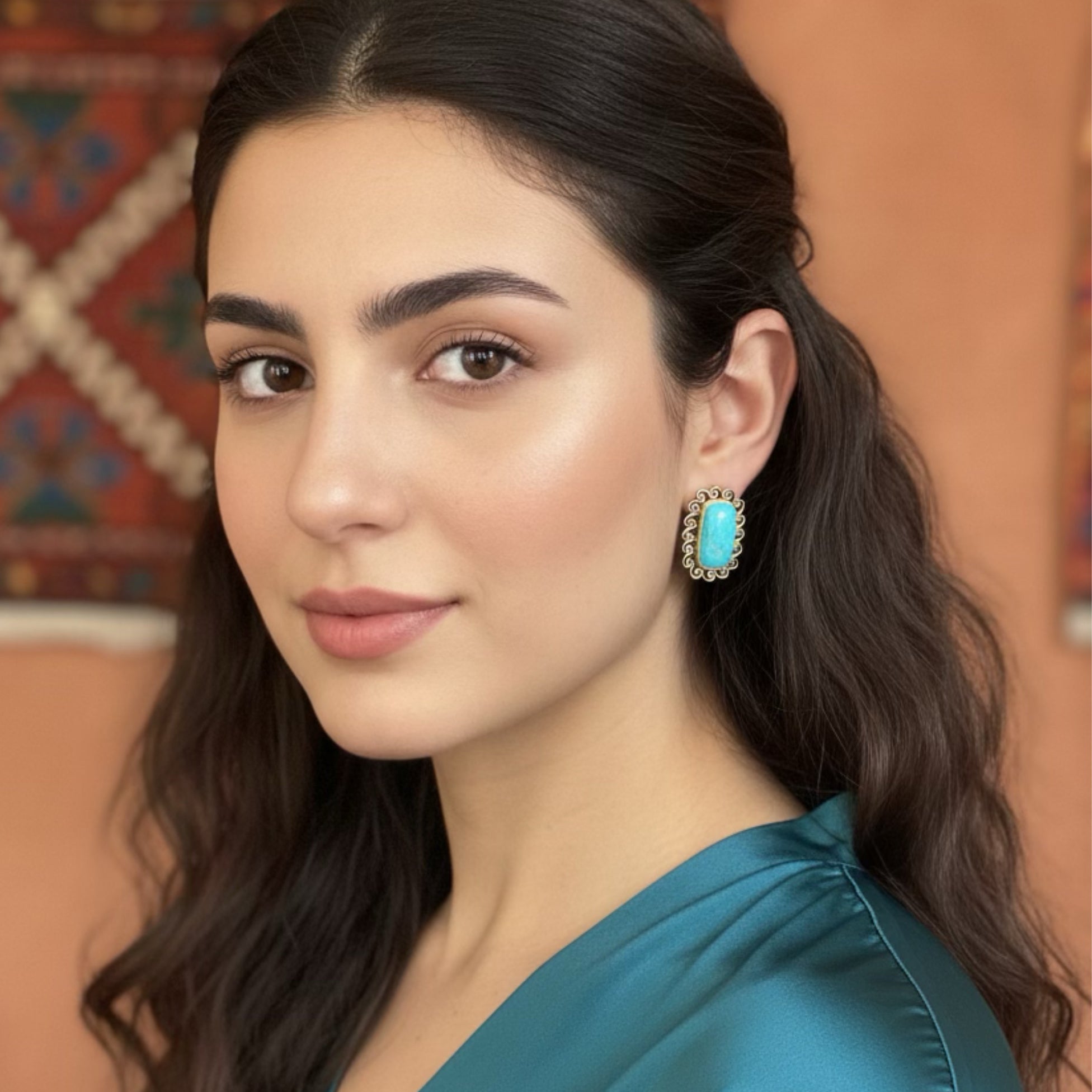 Armenian Turquoise Portrait Earrings Post Spiral Cushions