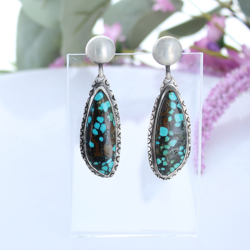 Stunning Blue and Black Tibetan Turquoise Beads Earrings Sterling Silver