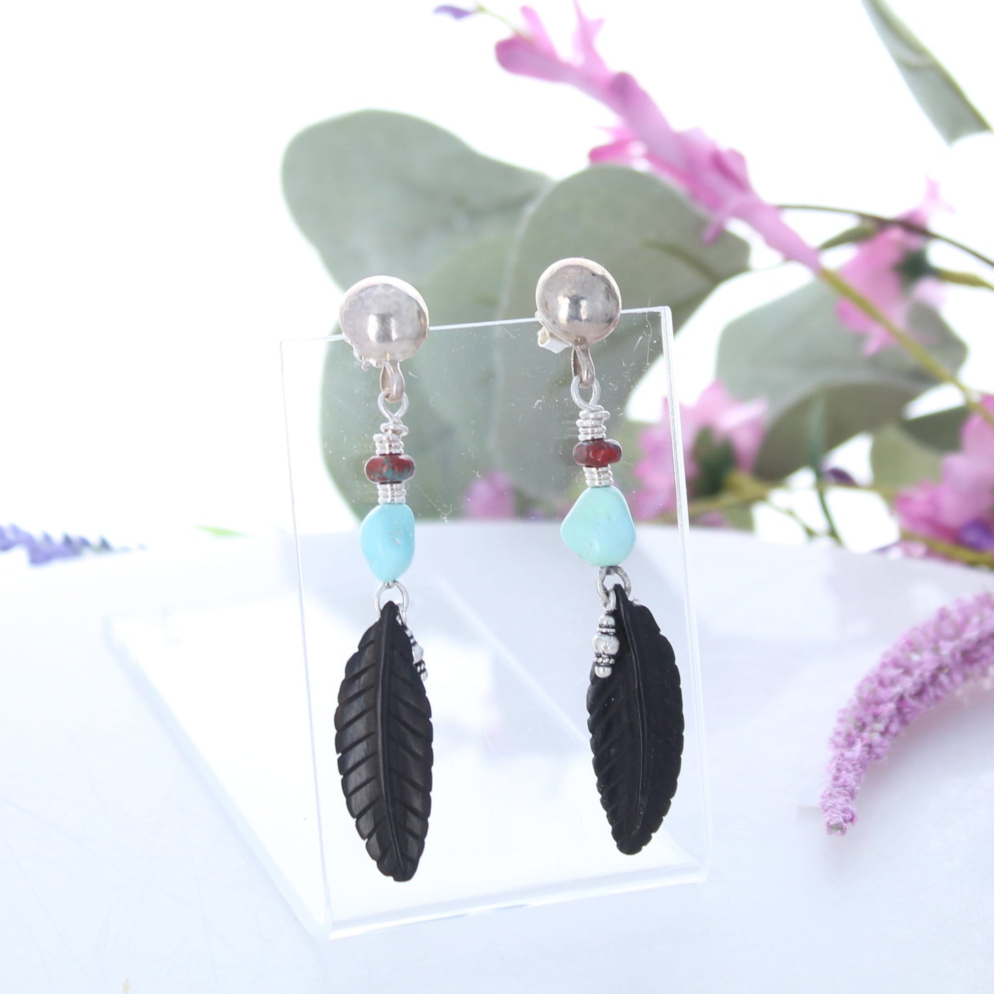 Beautiful Jet Lone Mountain Turquoise Earrings Hand Carved Feathers
