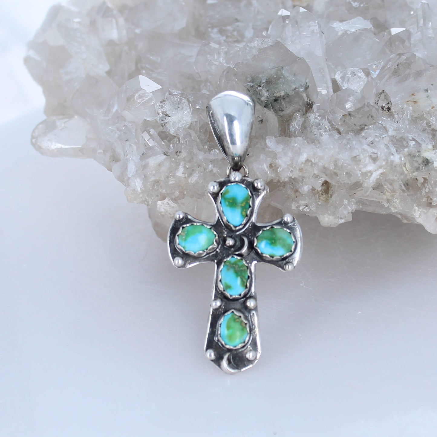 Sonoran Mountain Blue Green Turquoise Cross Pendant Sterling Silver Moons