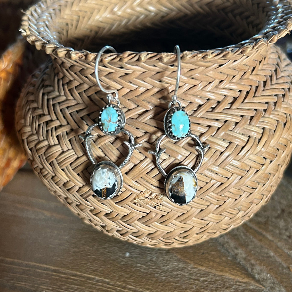 White Buffalo and Dry Creek Turquoise Earrings Sterling Silver Deer with Antlers