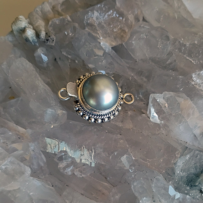 Light Silver Mabe Pearl Clasp Granulated Design 12mm Sterling