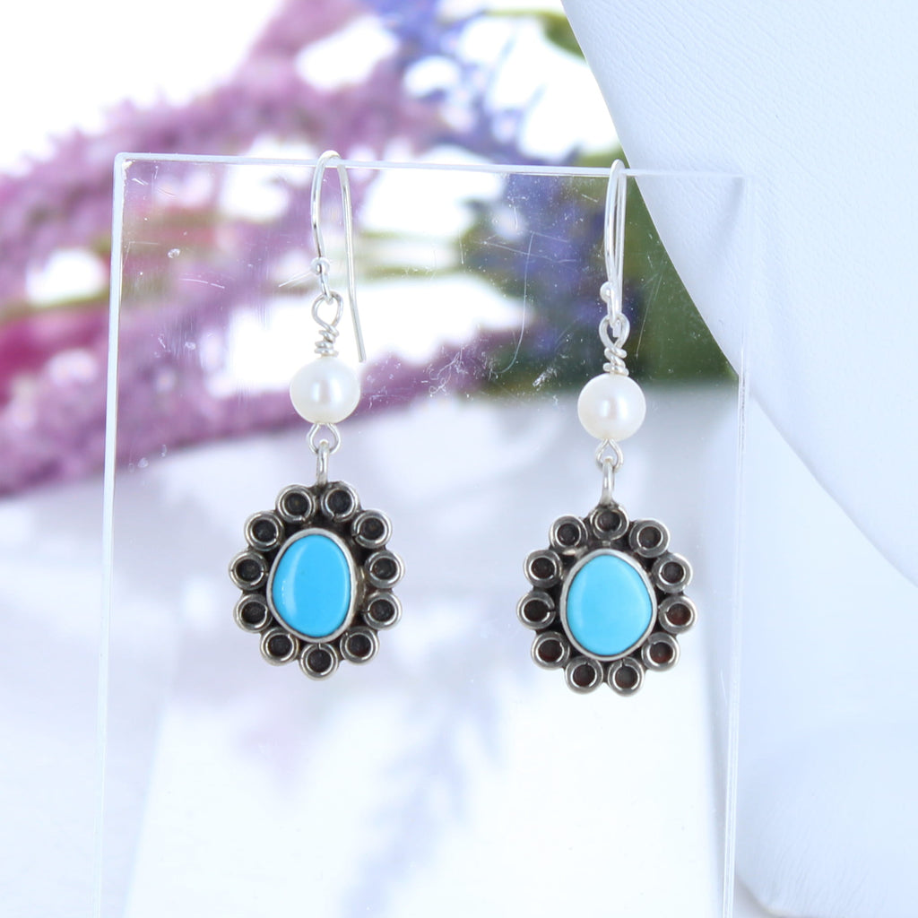 Sleeping Beauty Turquoise and Pearl Flower Earrings Sterling