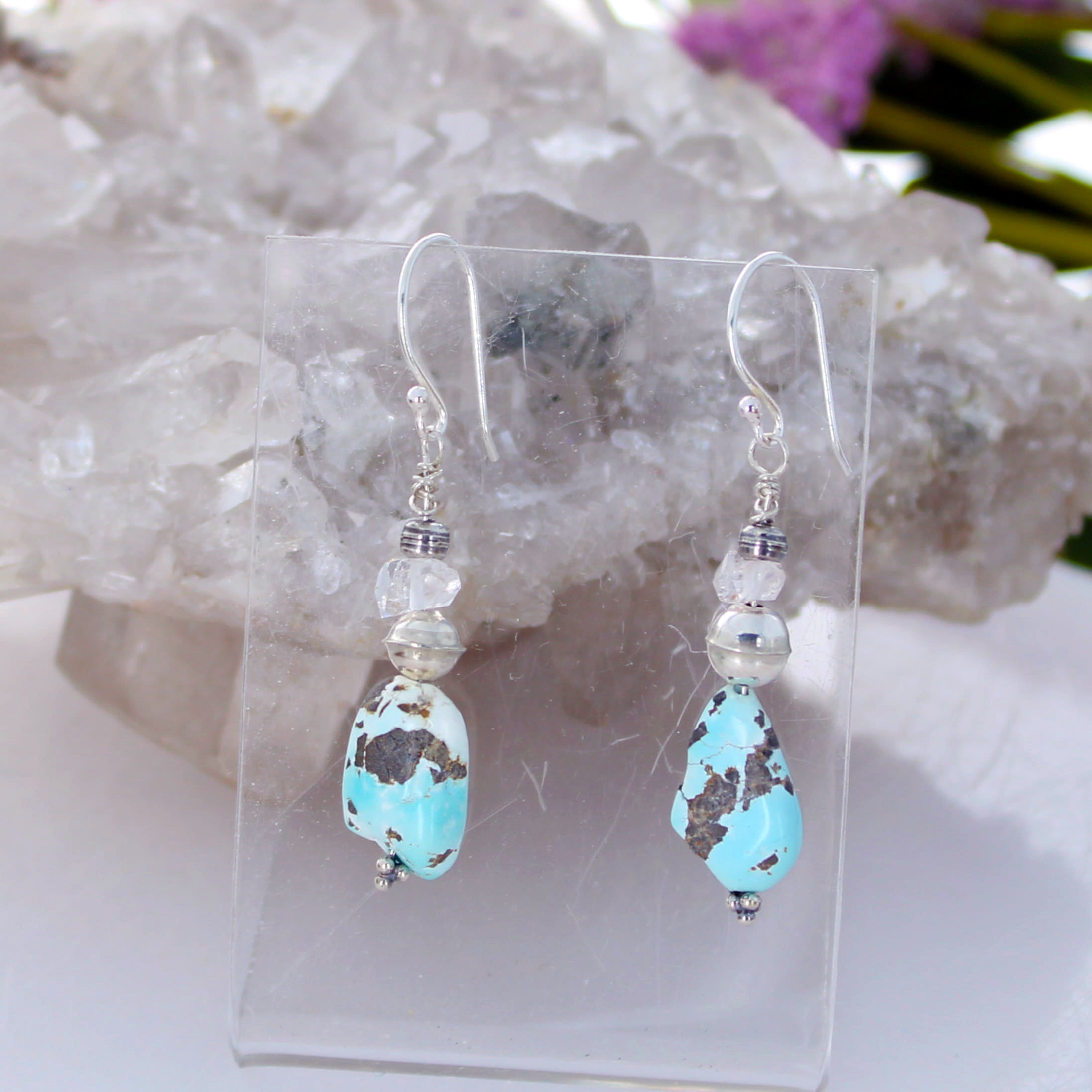 Lone Mountain TURQUOISE and Herkimer Diamond Earrings Sterling Southwest