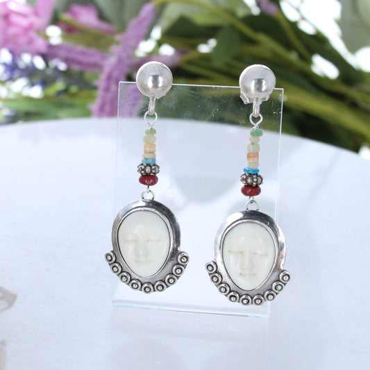 Sterling Silver Moon Face Goddess Earrings Ancient Glass Beads