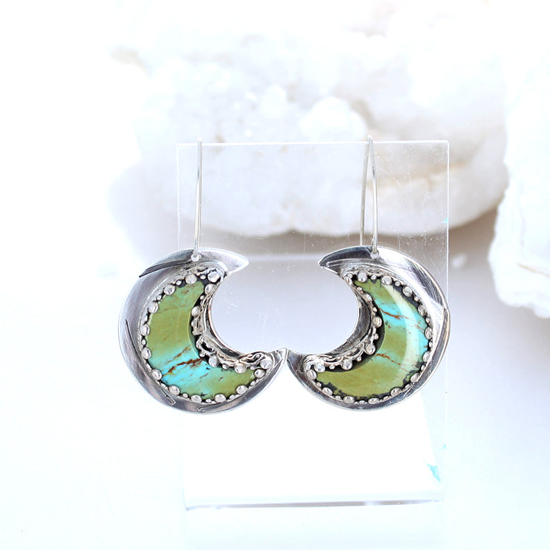 Kingman Turquoise Crescent Moon Earrings Sterling Green Blue -NewWorldGems