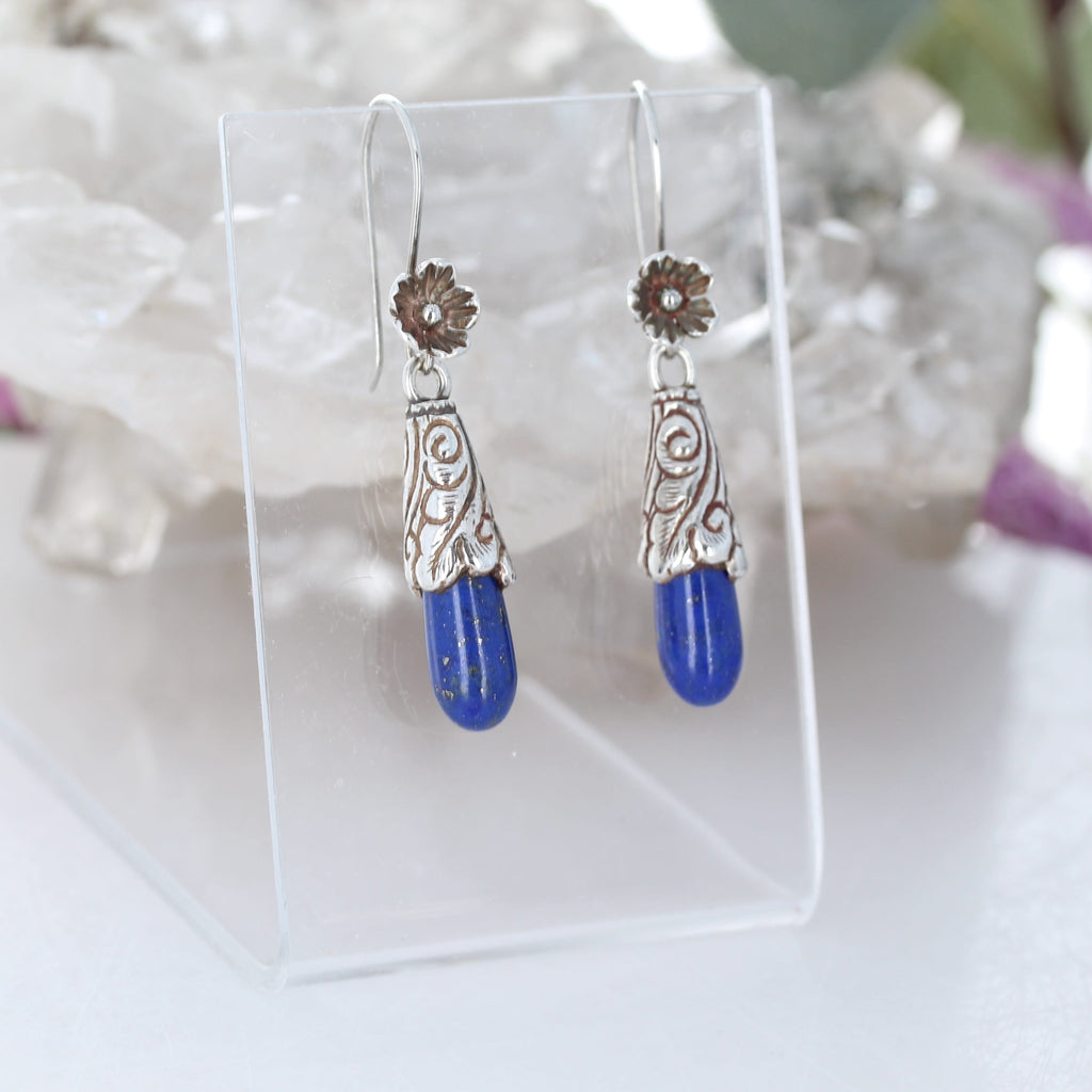 Elegant Midnight Moon Lapis Earrings Floral French Earwire