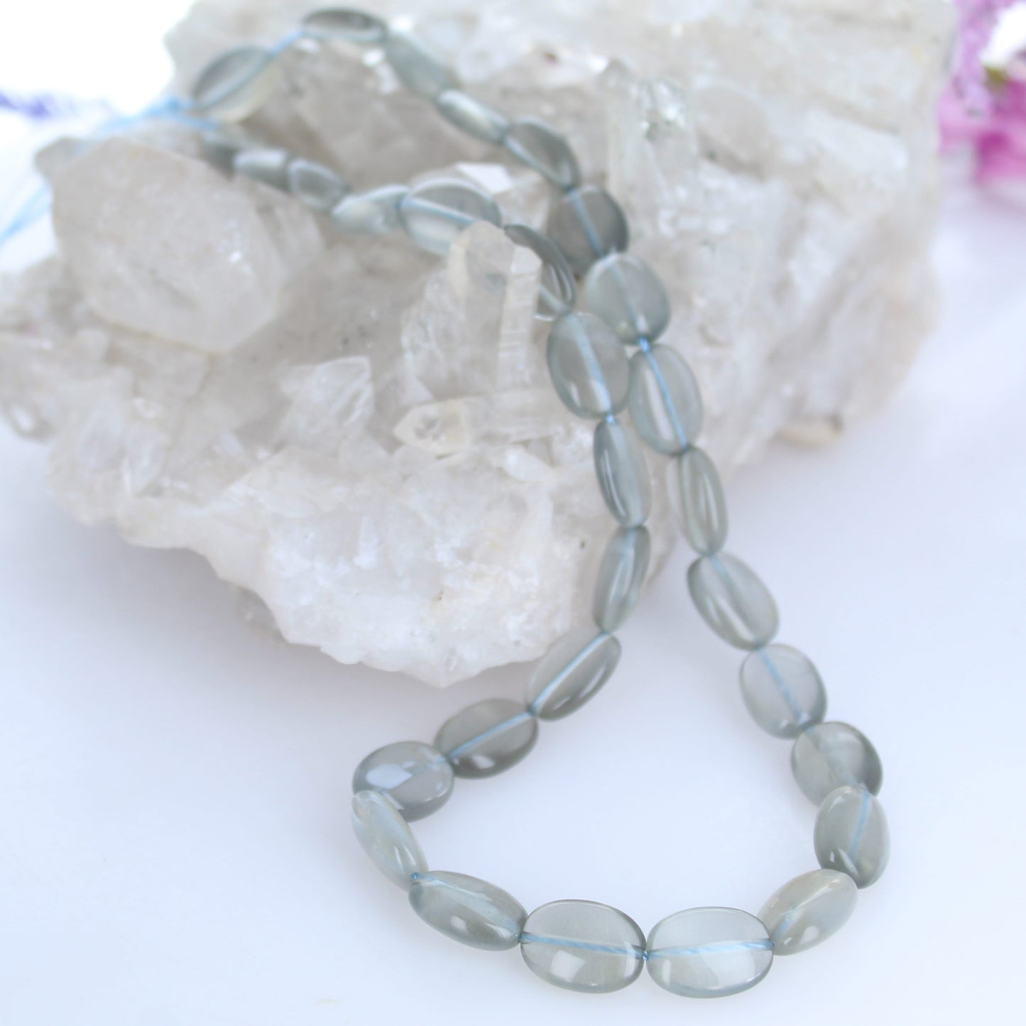 Ethereal Gray Moonstone Oval Beads 16"