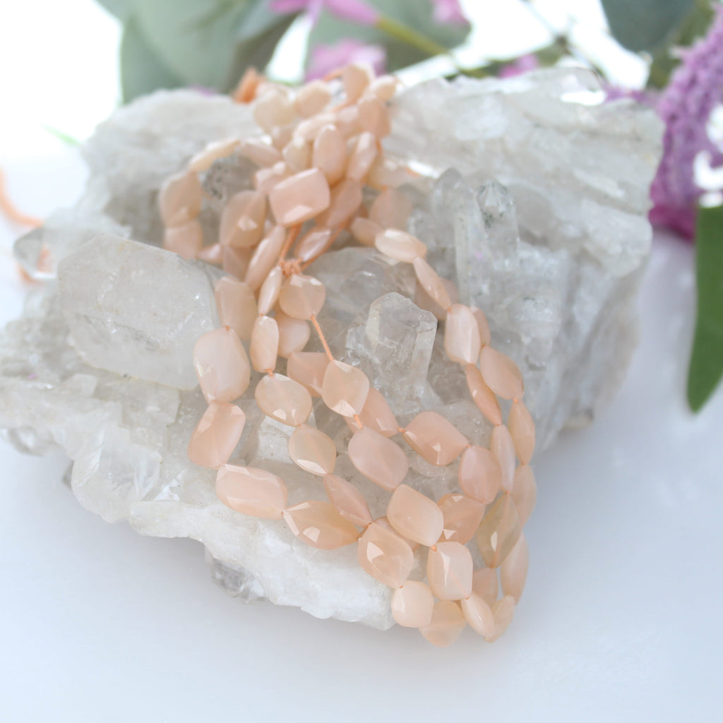 Iridescent Peach Moonstone Faceted Free Form Beads 7"