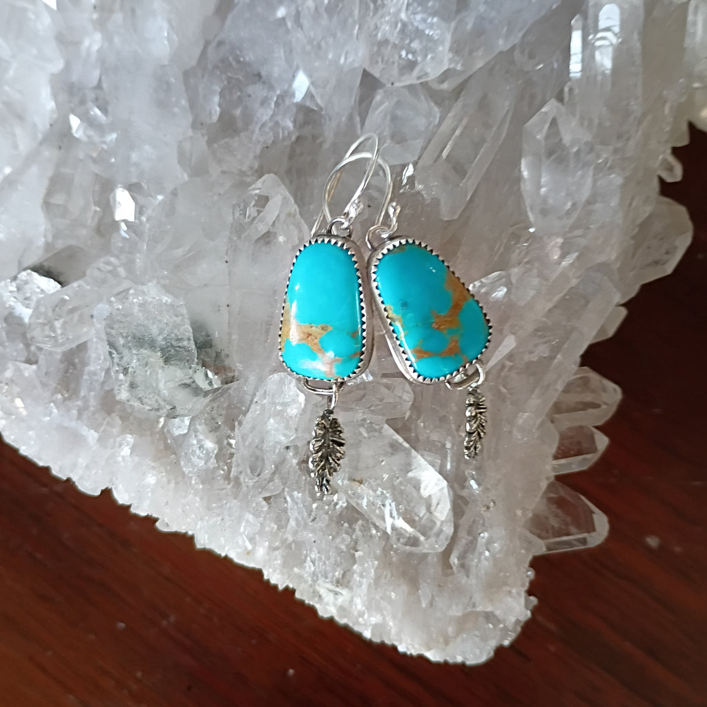 AAA Blue Sonoran Rose Turquoise Earrings Sterling Leaves Southwestern Boho Style