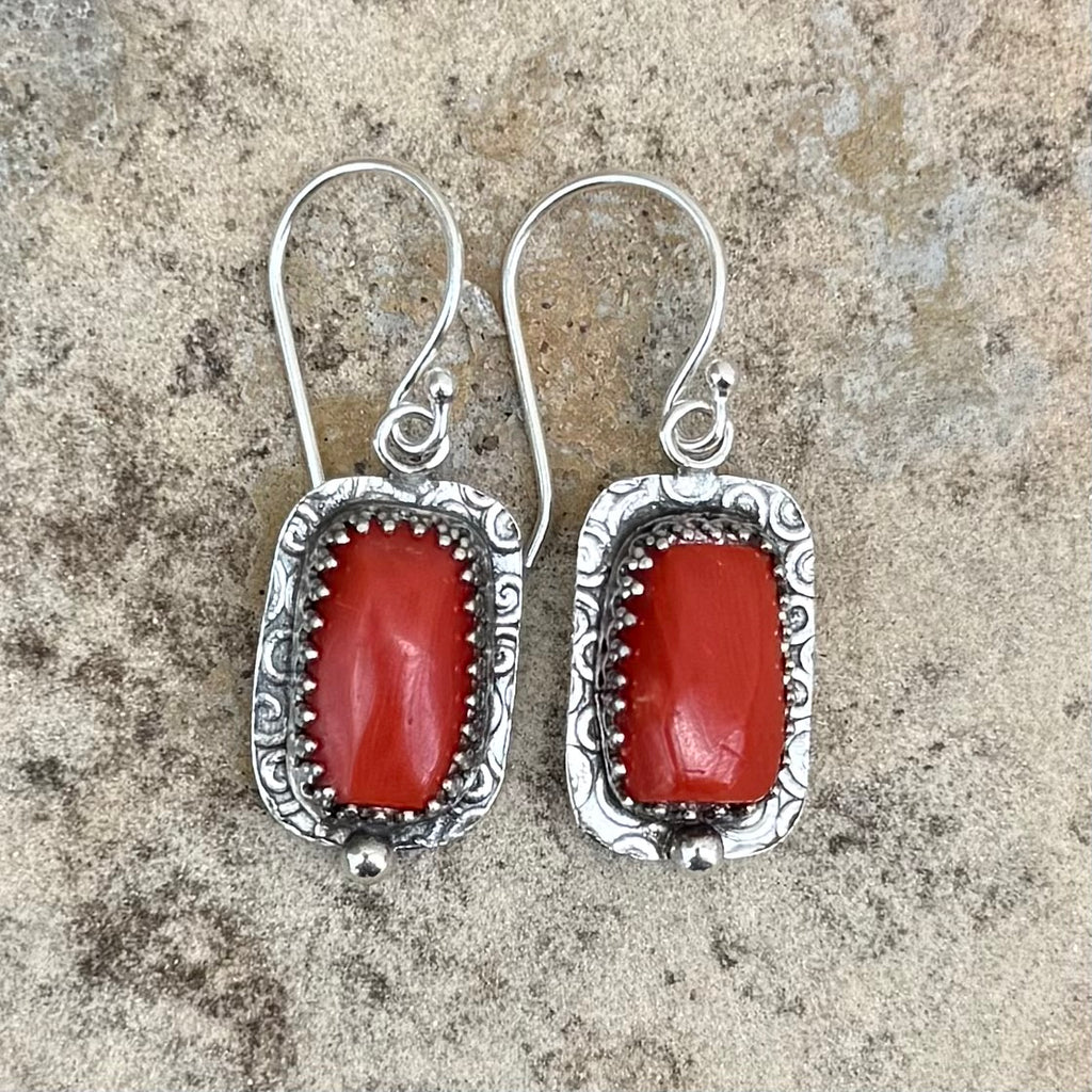 Deep Red Mediterranean Coral Earrings Sterling Silver Patterned French Ear Wires