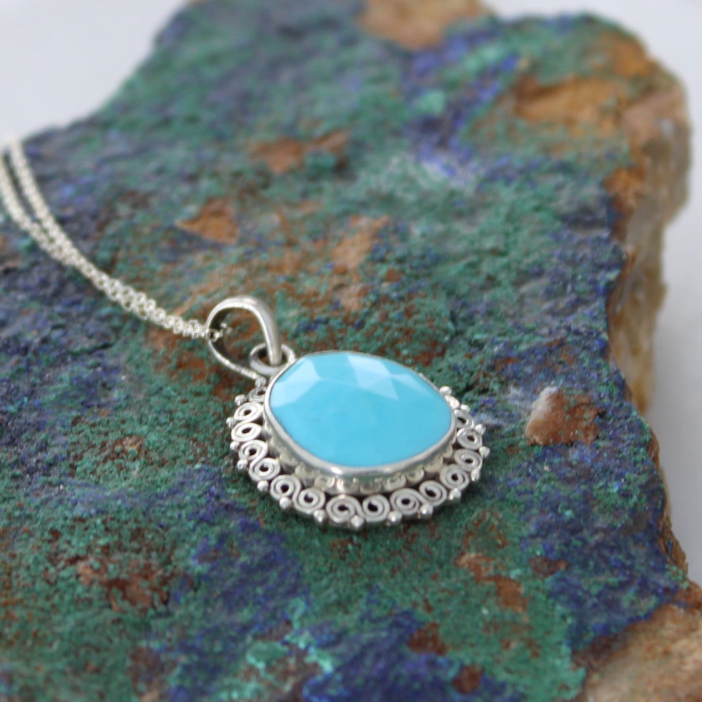 AAA Faceted Kingman Turquoise Pendant Necklace Sterling Silver