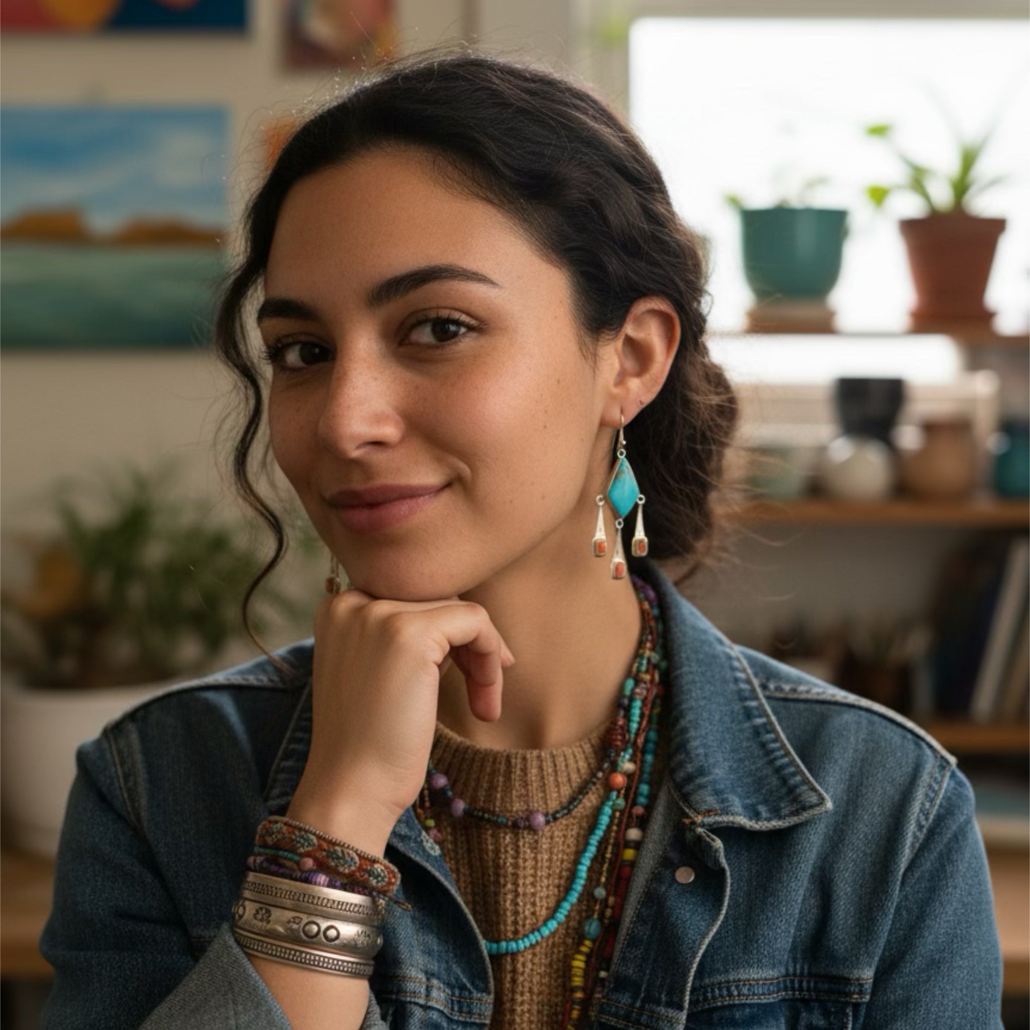 Sky Blue Kingman Turquoise with Spiny Oyster Boho Dangle Earrings Sterling
