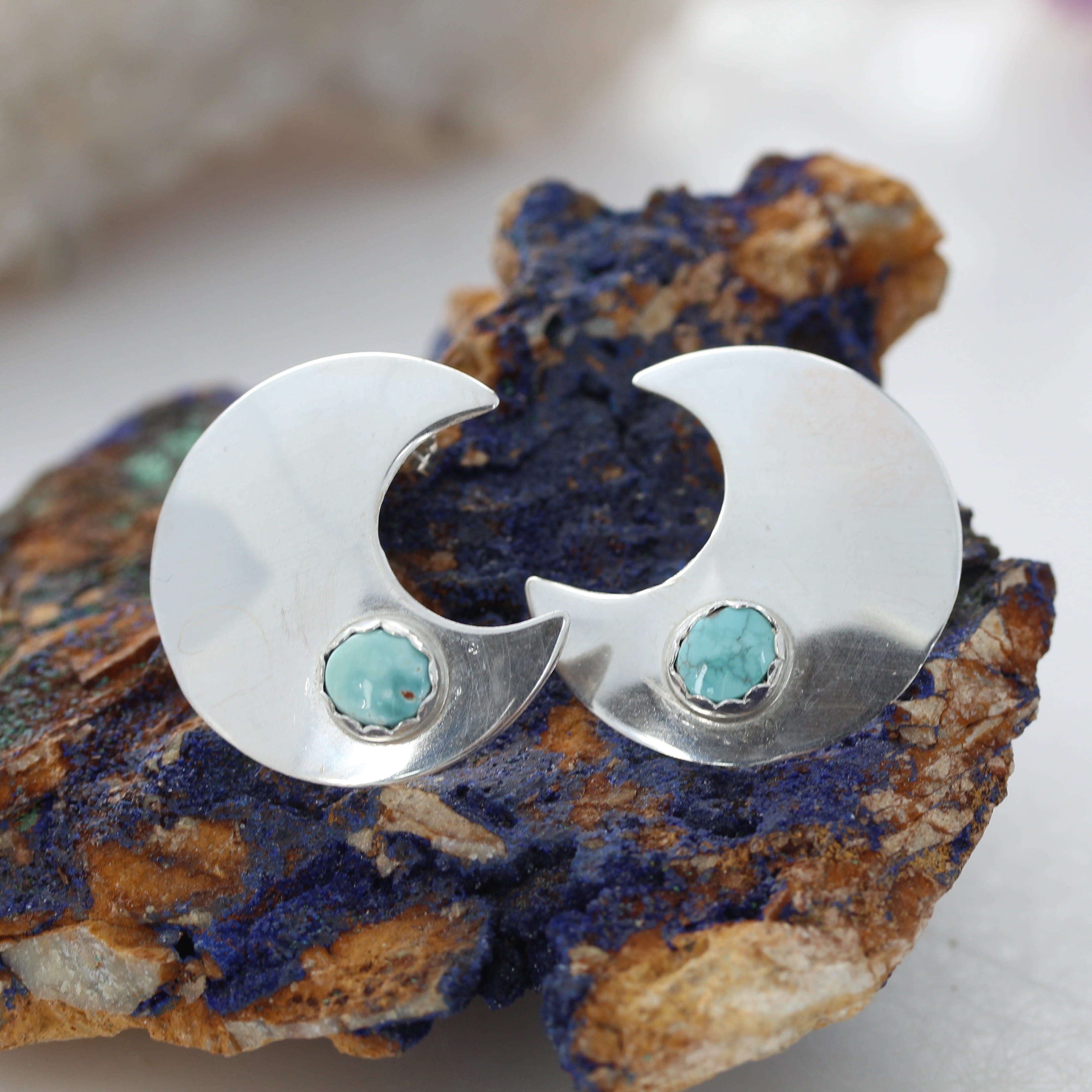 Carico Lake Turquoise Crescent Moon Earrings Sterling Posts Large