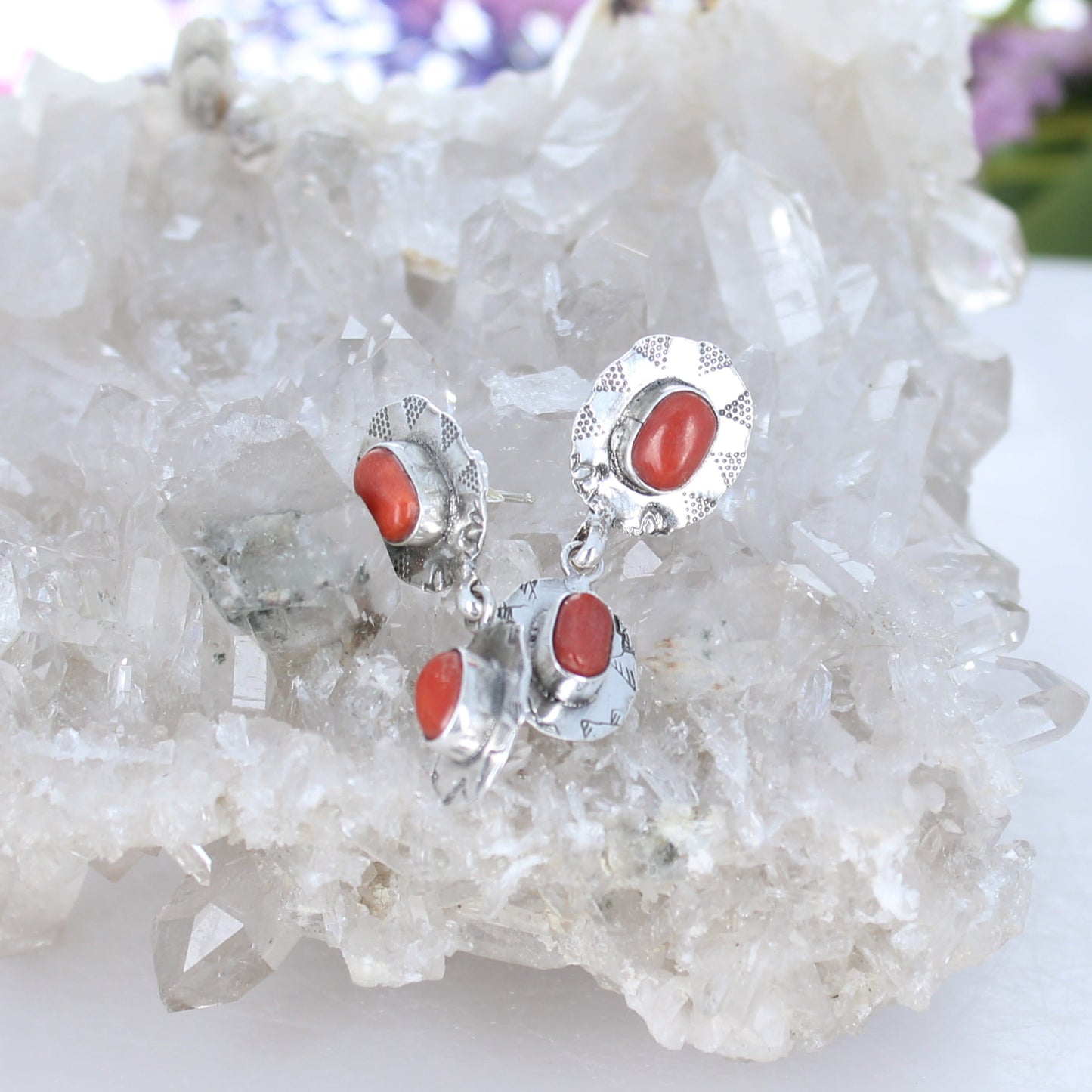 RED ITALIAN Coral Earrings Sterling Silver 2 Stone Stamped Mountain Design