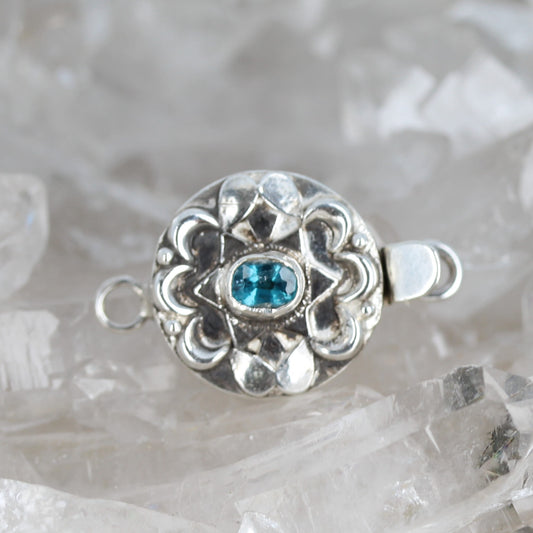 Faceted London Blue Topaz Clasp Moon Lotus Design Sterling 6x4mm