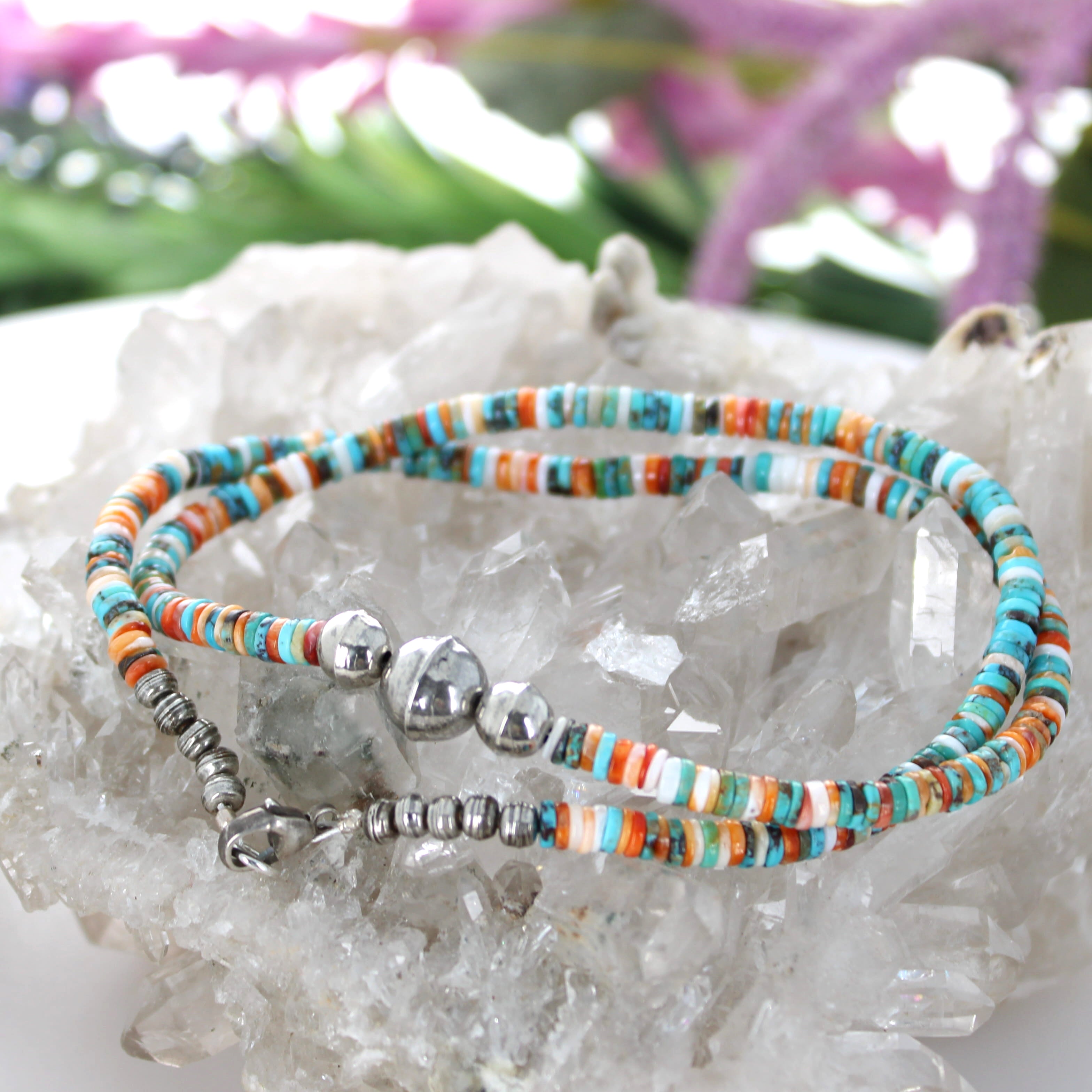 Spiny Oyster Turquoise Necklace Sterling Pueblo Beads 19"