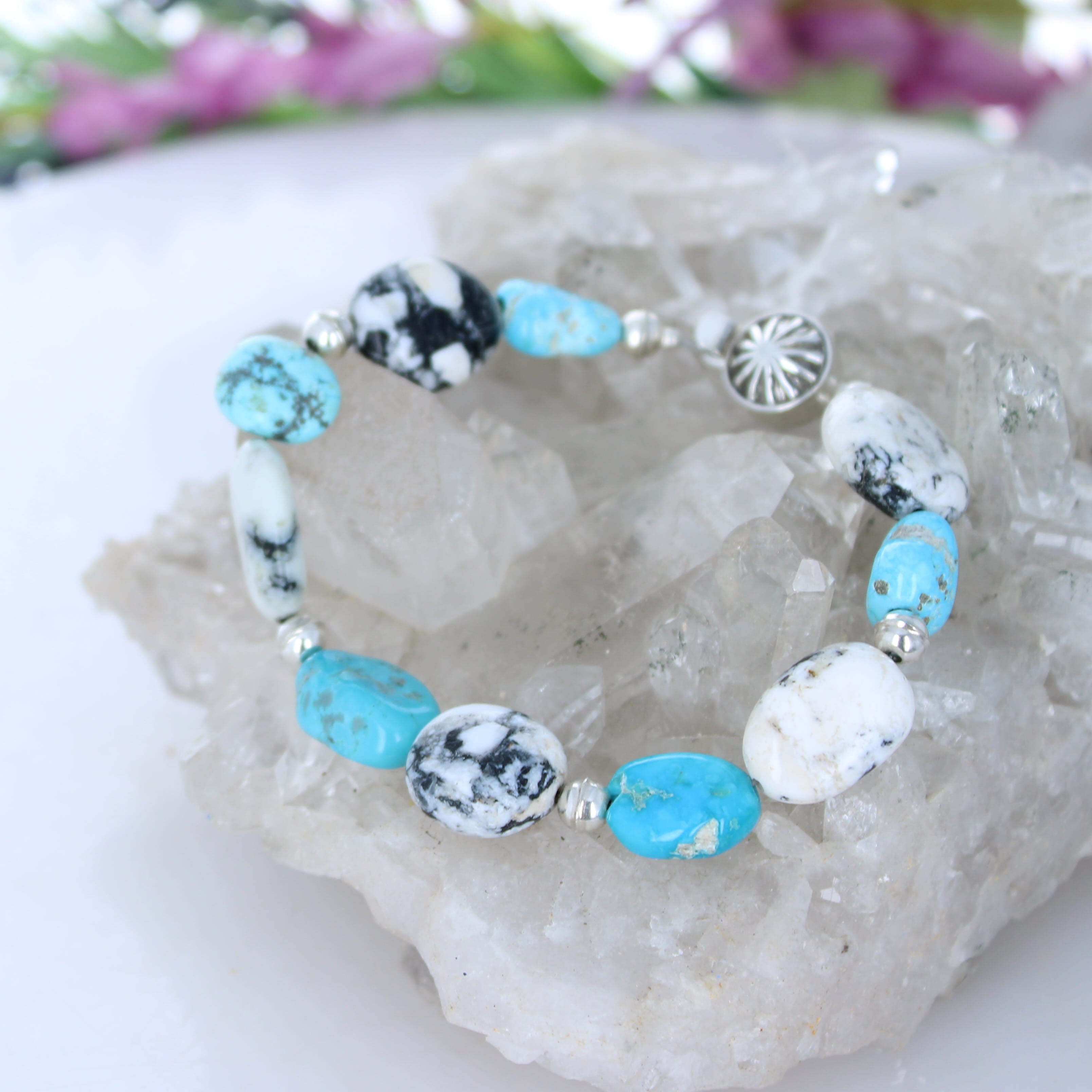 White Buffalo and Kingman Blue Turquoise Beads Bracelet Sterling Silver