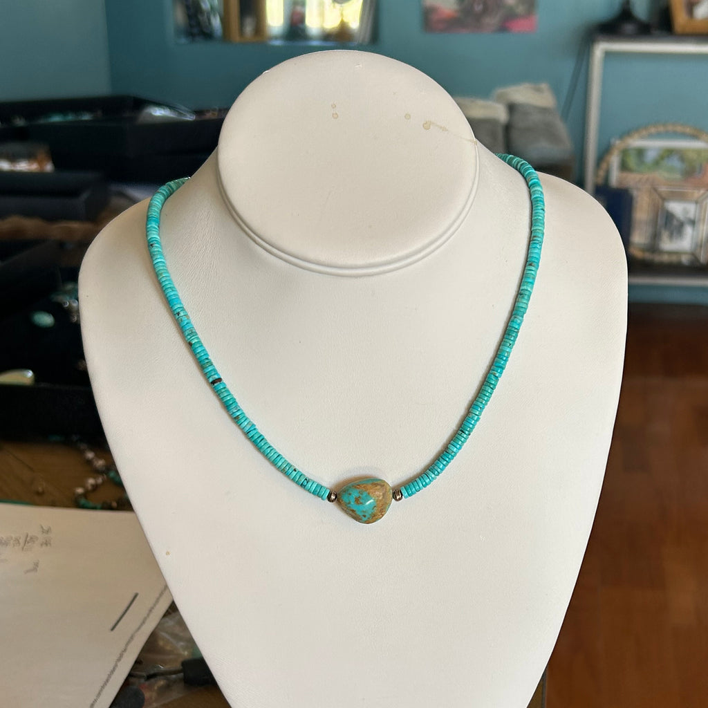 Bright Sky Blue Kingman Turquoise Necklace Button Shape with Pendant Sterling 17.5"