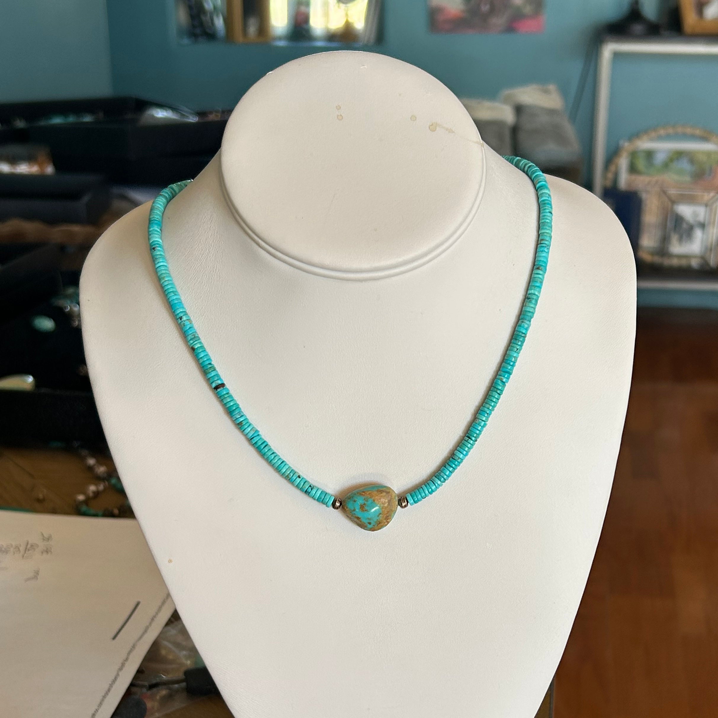 Bright Sky Blue Kingman Turquoise Necklace Button Shape with Pendant Sterling 17.5"