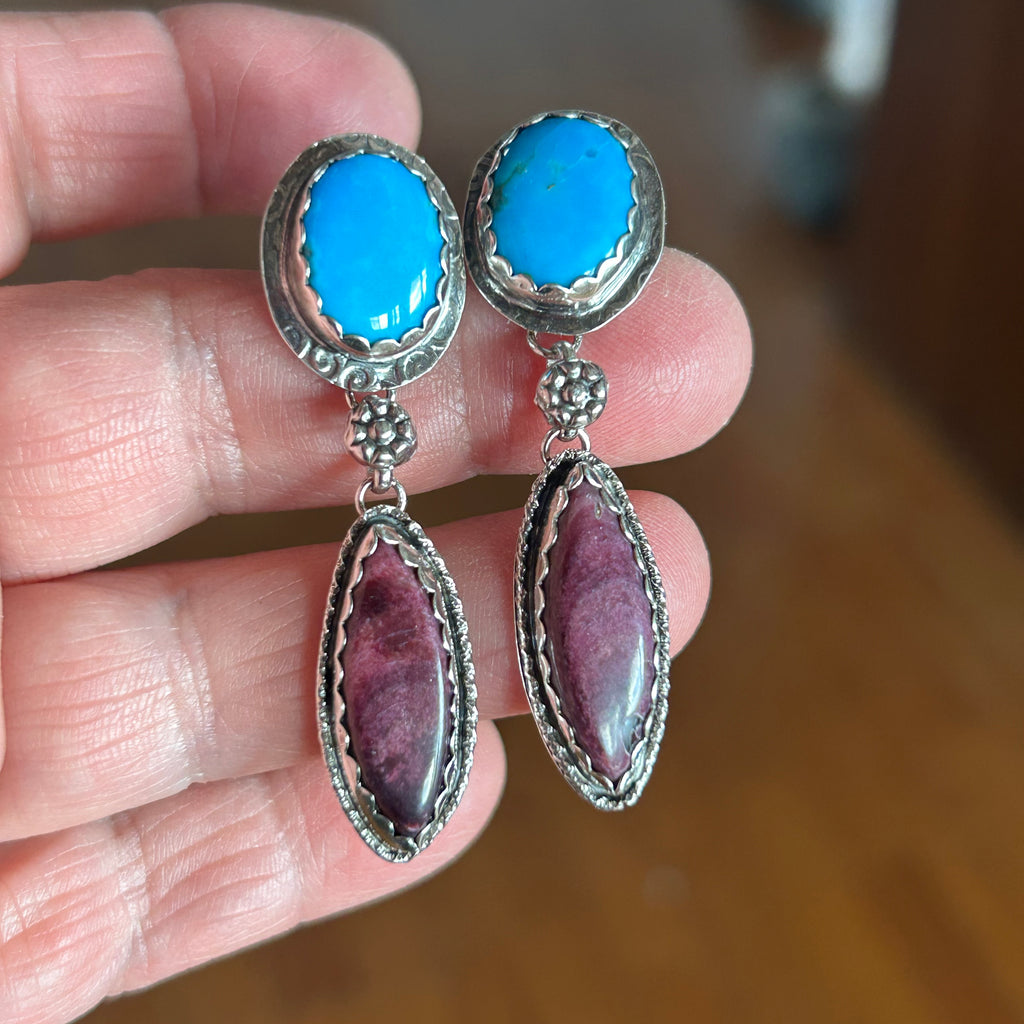 Dramatic Kingman Turquoise Purple Spiny Oyster Earrings Sunburst