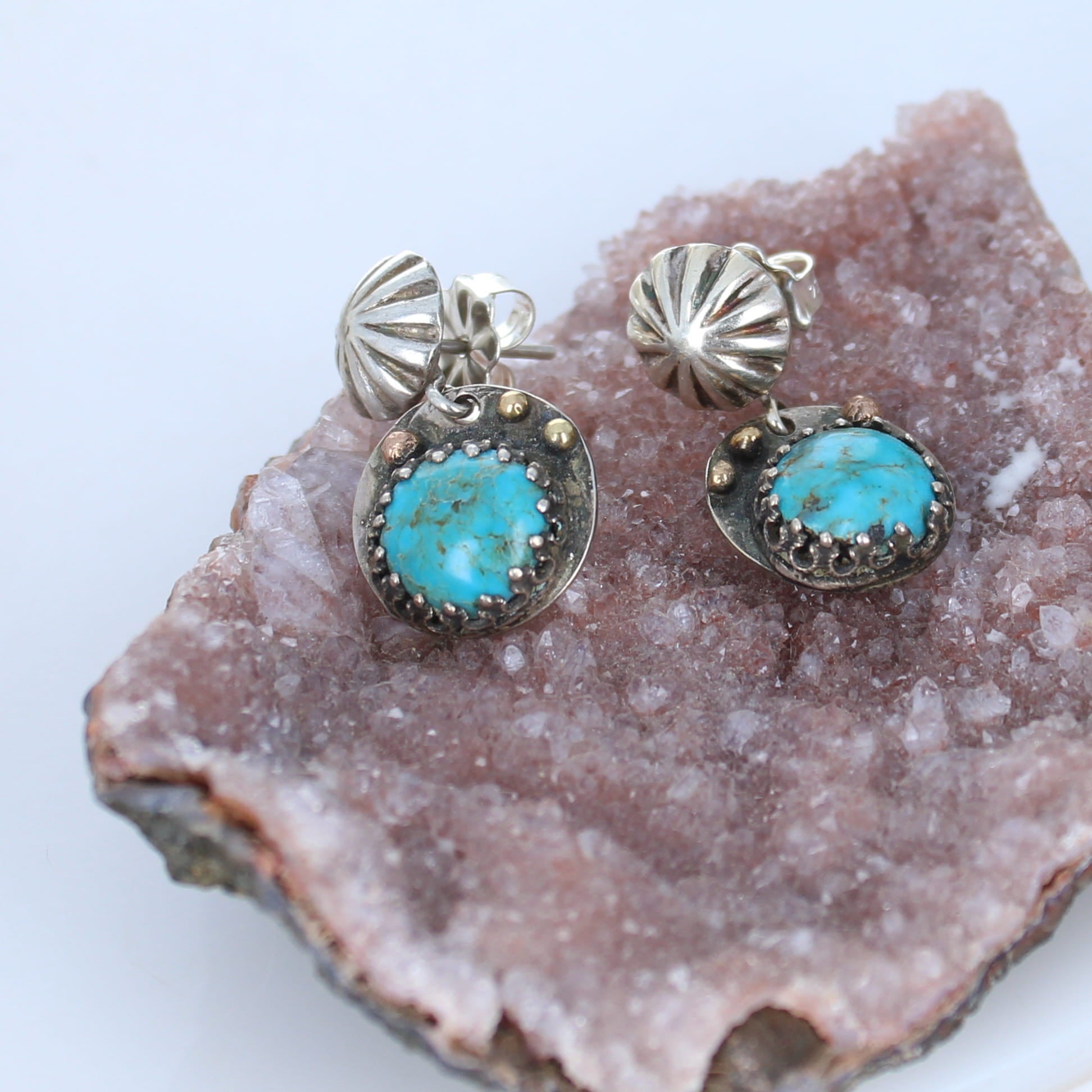 Morenci Turquoise Earrings Gold and Sterling Arizona Southwest -NewWorldGems