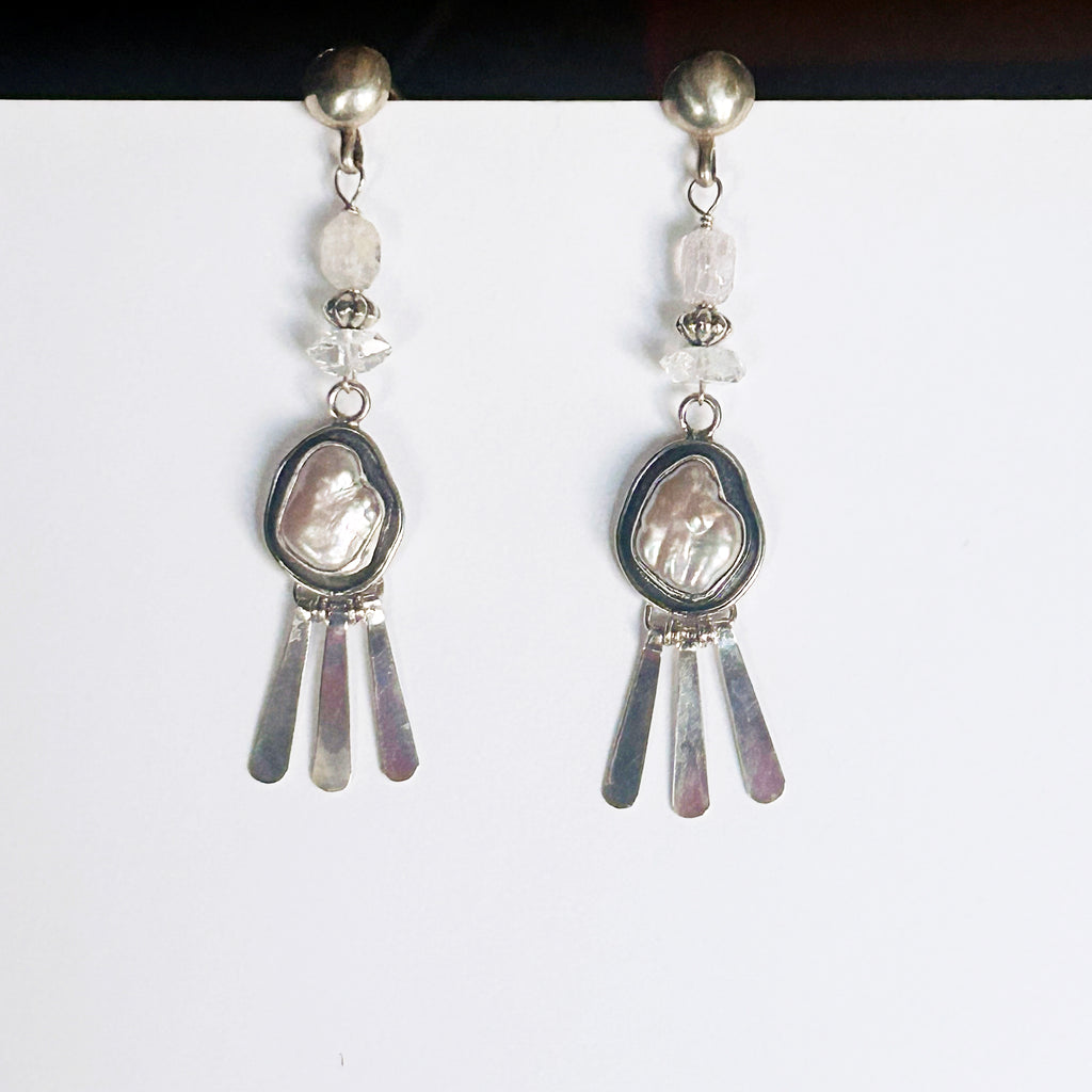 Pearl and Faceted Pink Morganite and Herkimer Diamond Earrings Sterling Dangle Posts