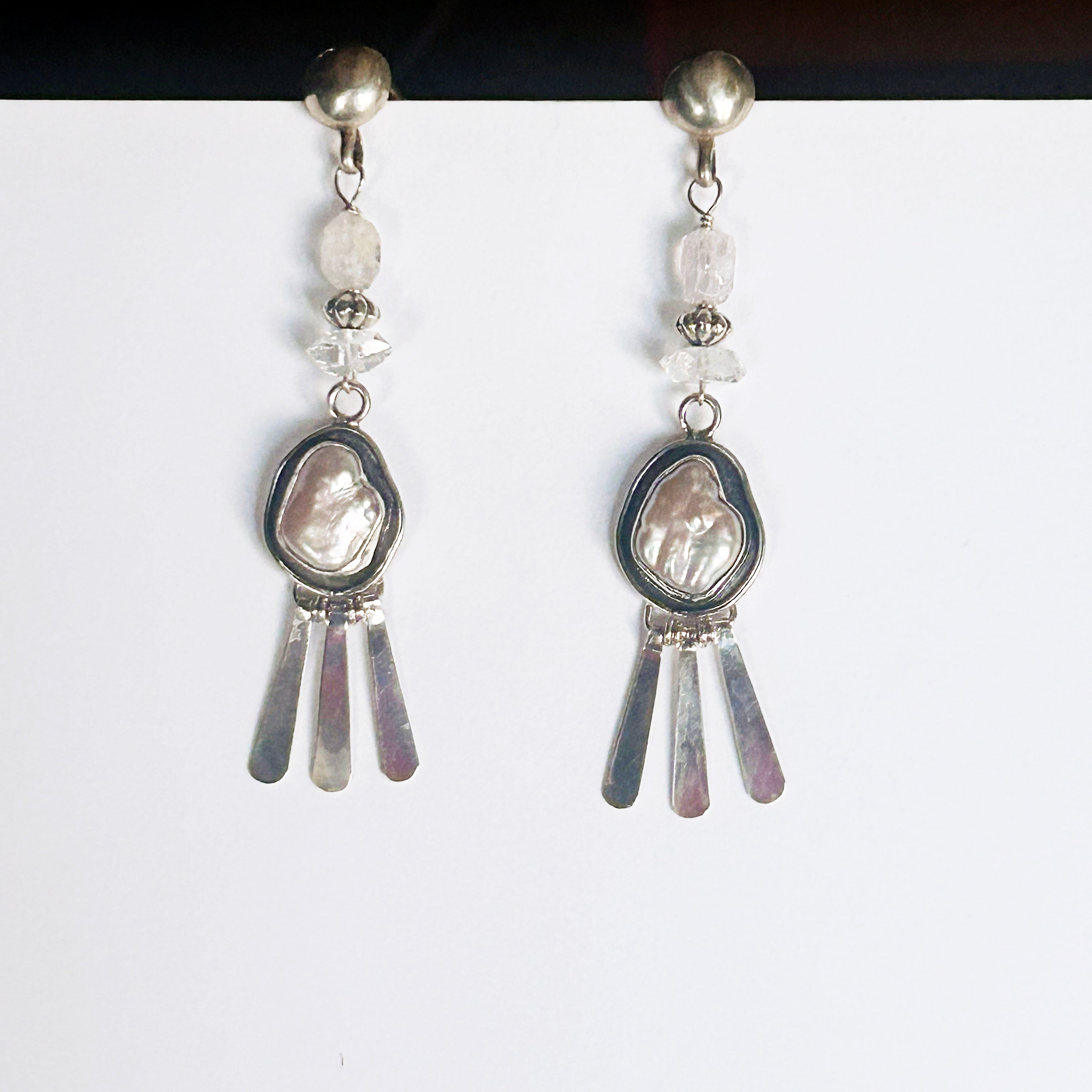 Pearl and Faceted Pink Morganite and Herkimer Diamond Earrings Sterling Dangle Posts