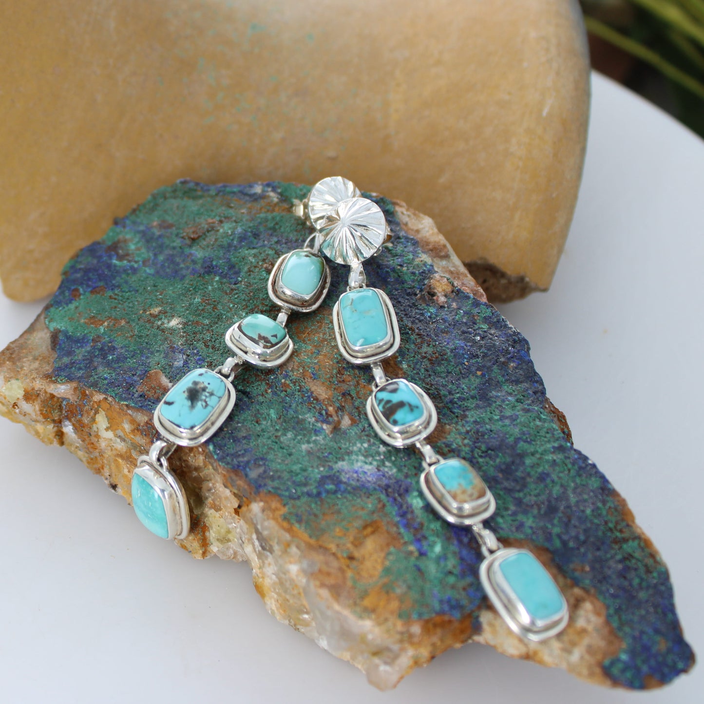 Sweeping CARICO LAKE Turquoise Earrings 4 Stone Sterling 3.75"
