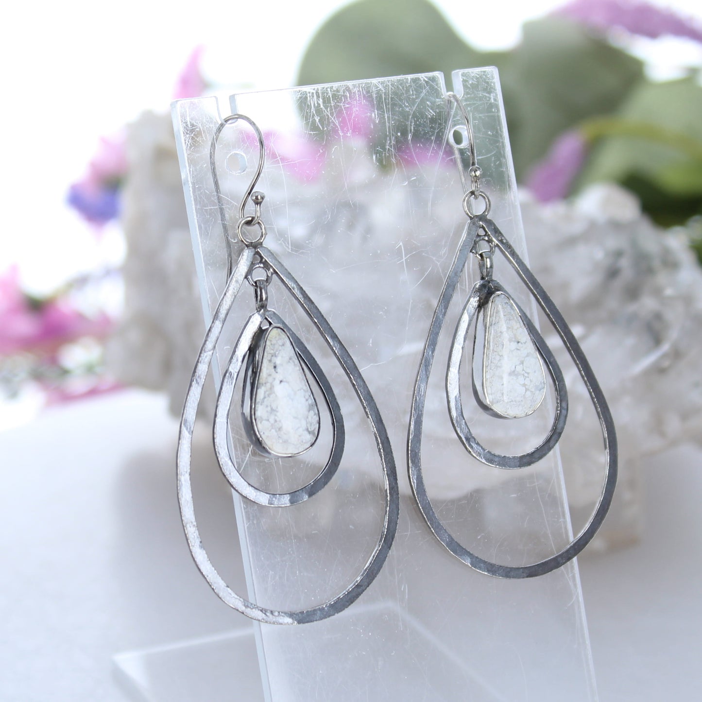 White Buffalo Turquoise Earrings Double Hoops Oxidized