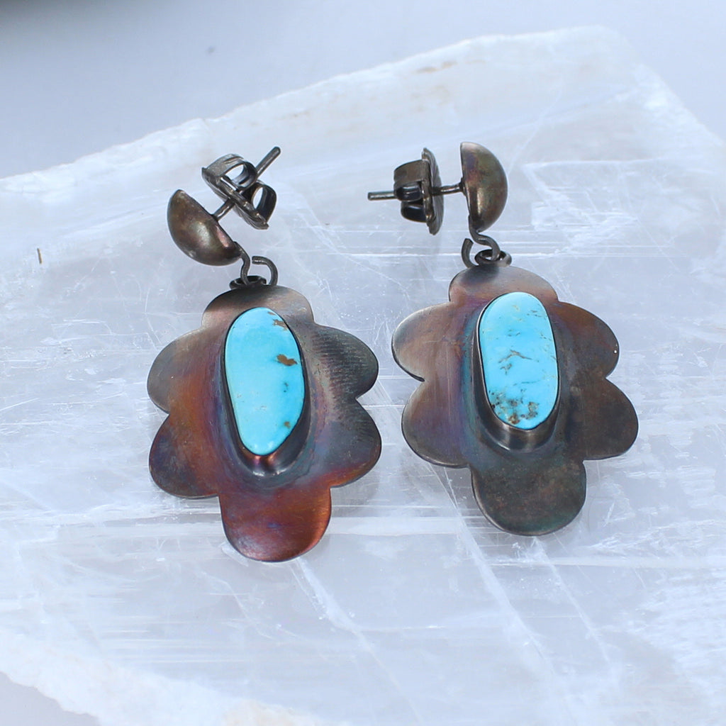 Blue Moon Turquoise Flower Design Earrings Sterling
