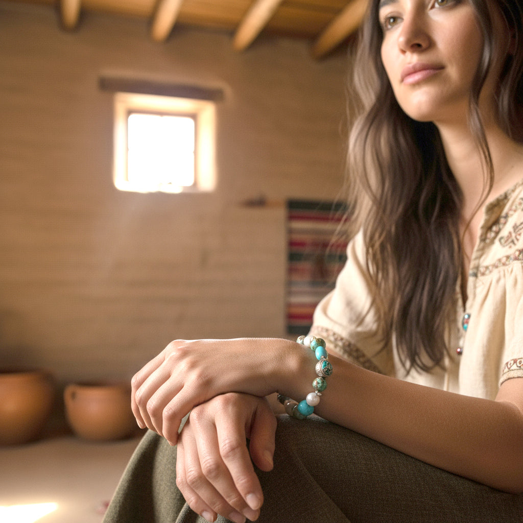 Blue Green Mixed Turquoise and Pearl Bracelet Sterling Silver