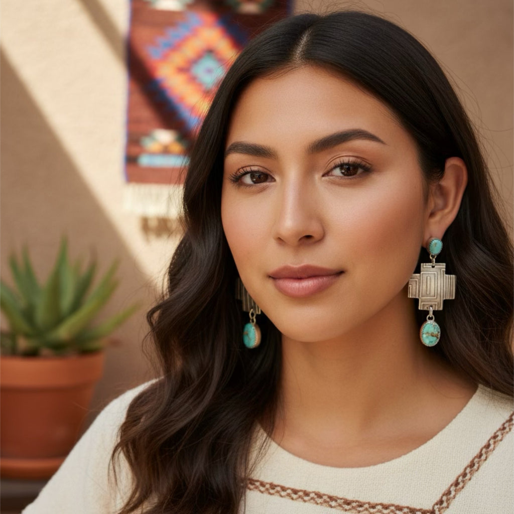 Carico Lake Turquoise Sterling Southwestern Cross Earrings