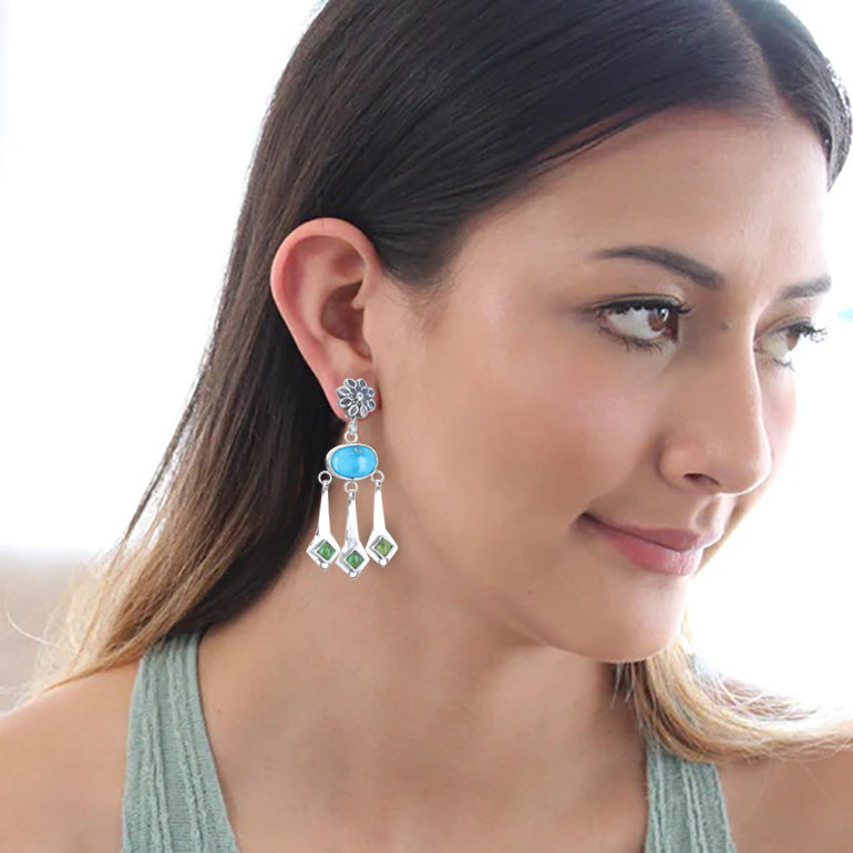 Blue Bird and Sonoran Gold Turquoise Boho Dangle Earrings Sterling
