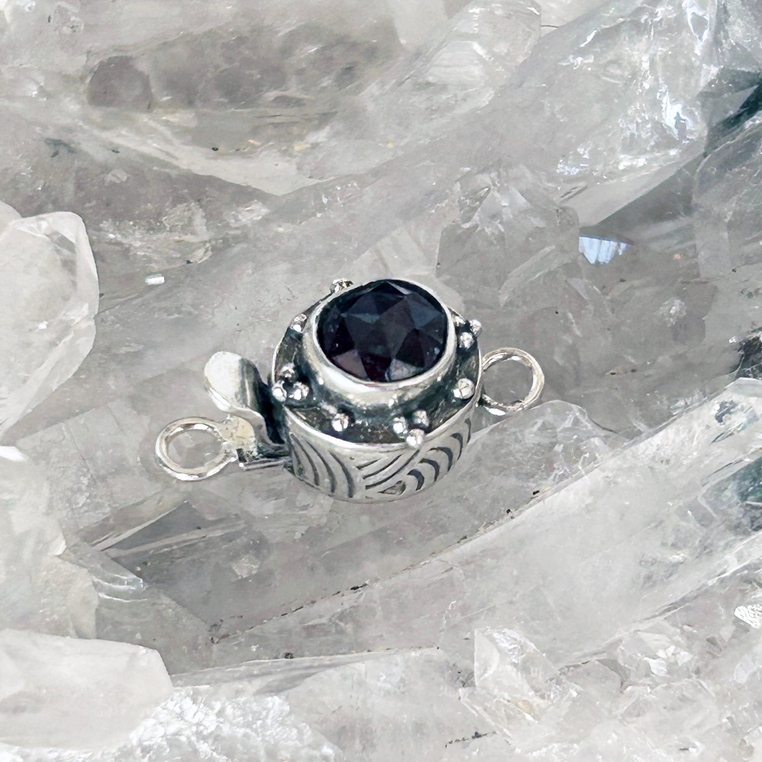 AAA Faceted Black Garnet Clasp Ball Design 7mm Sterling Silver